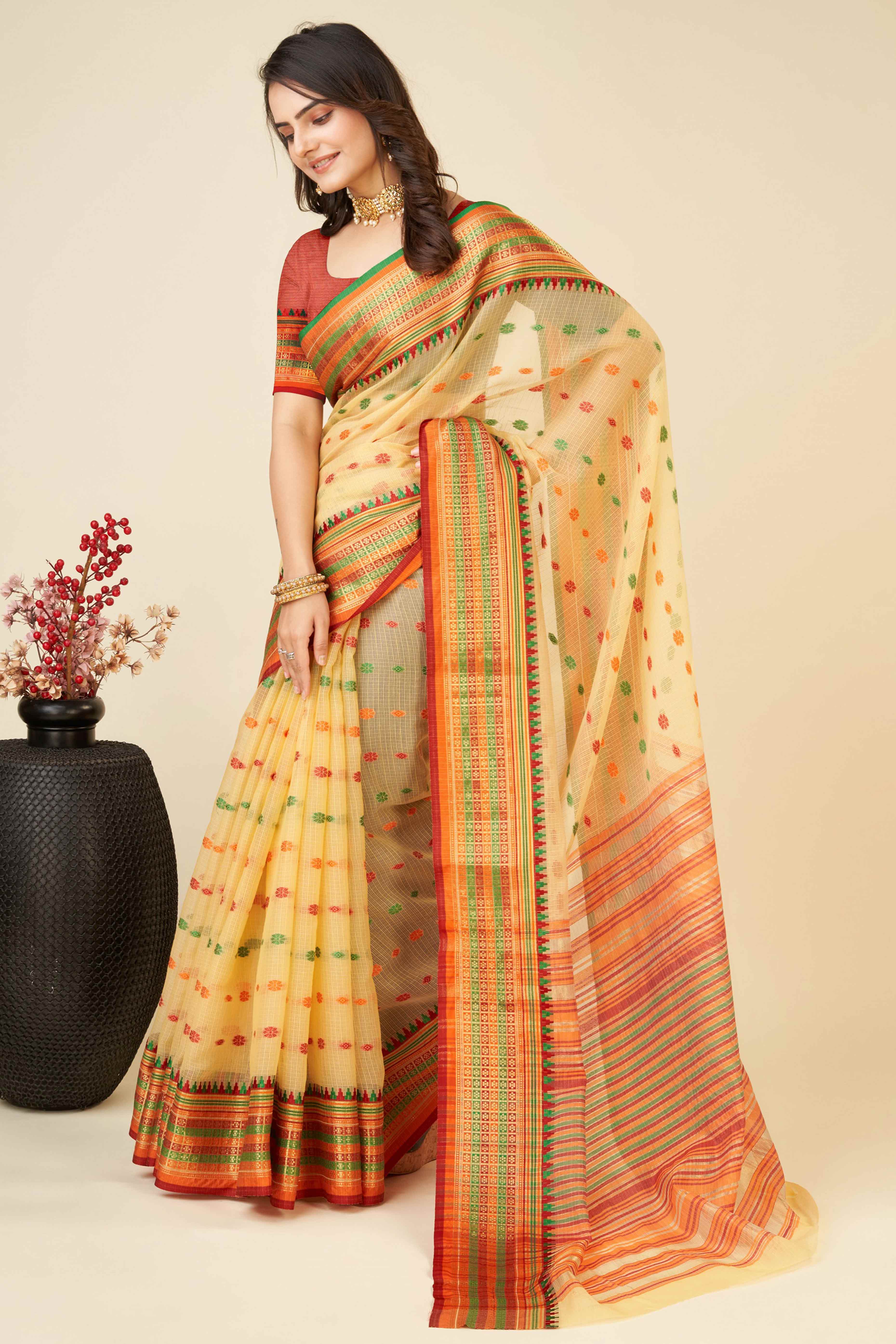 Peachmode Light Yellow Zari Weaving Cotton Silk Saree