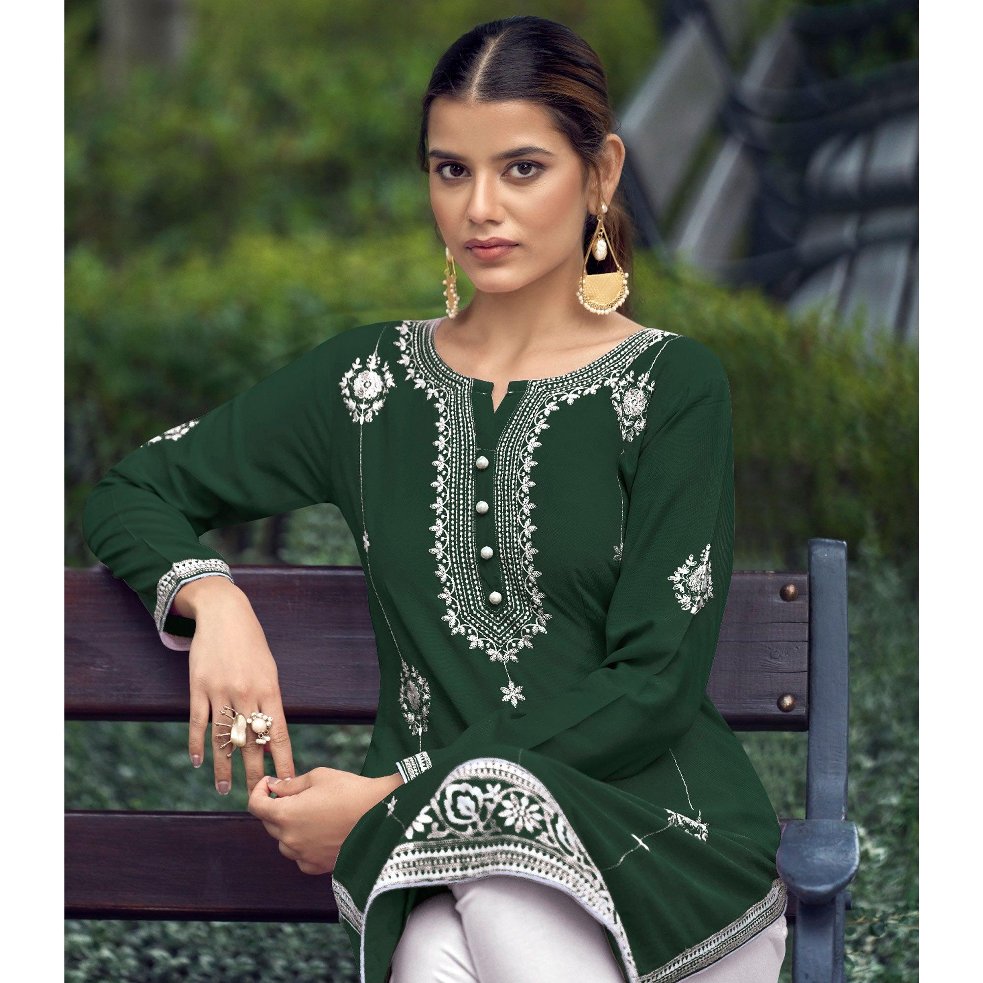 Peachmode Bottle Green Floral Embroidered Rayon Kurti - view 4