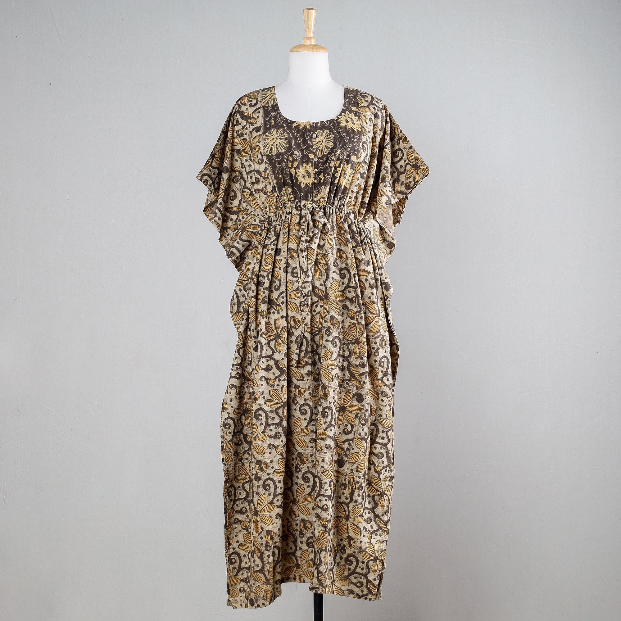 THE SAFFRON SAGA Beige - Ajrakh Block Printed Cotton Kaftan with Tie-Up Waist (Long)