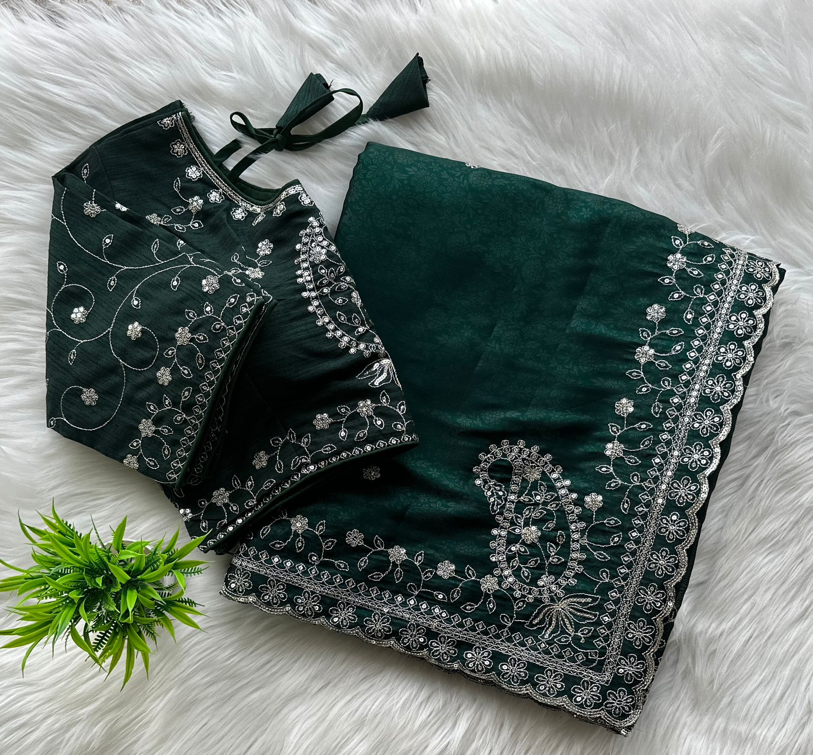 ClothsVilla Dark Green Soft Silk Saree with Elegant Rubber Weaving & Heavy Embroidery Work