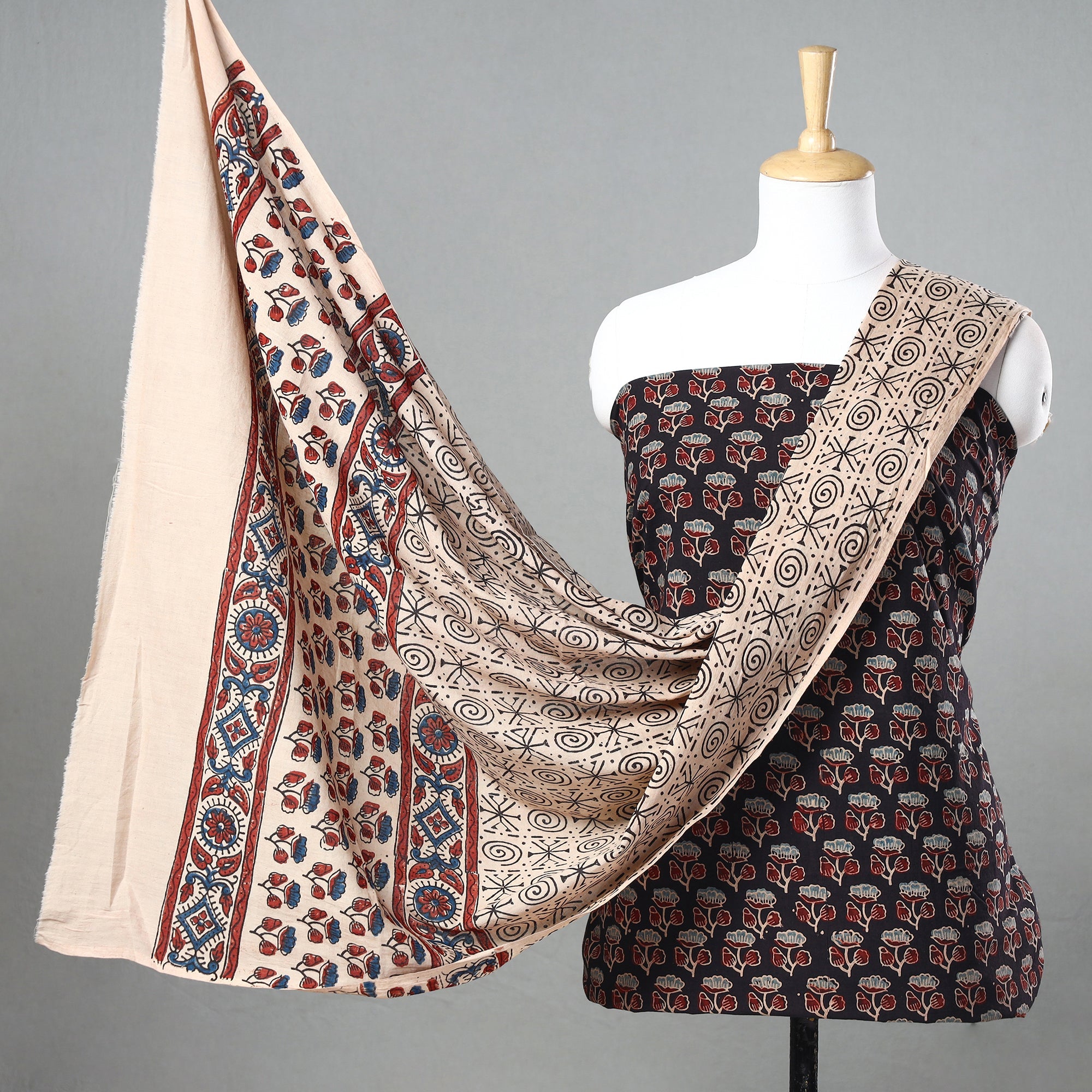 KACHCHH JI CHHAAP Black - 3pc Ajrakh Block Printed Natural Dyed Cotton Suit Material Set 02