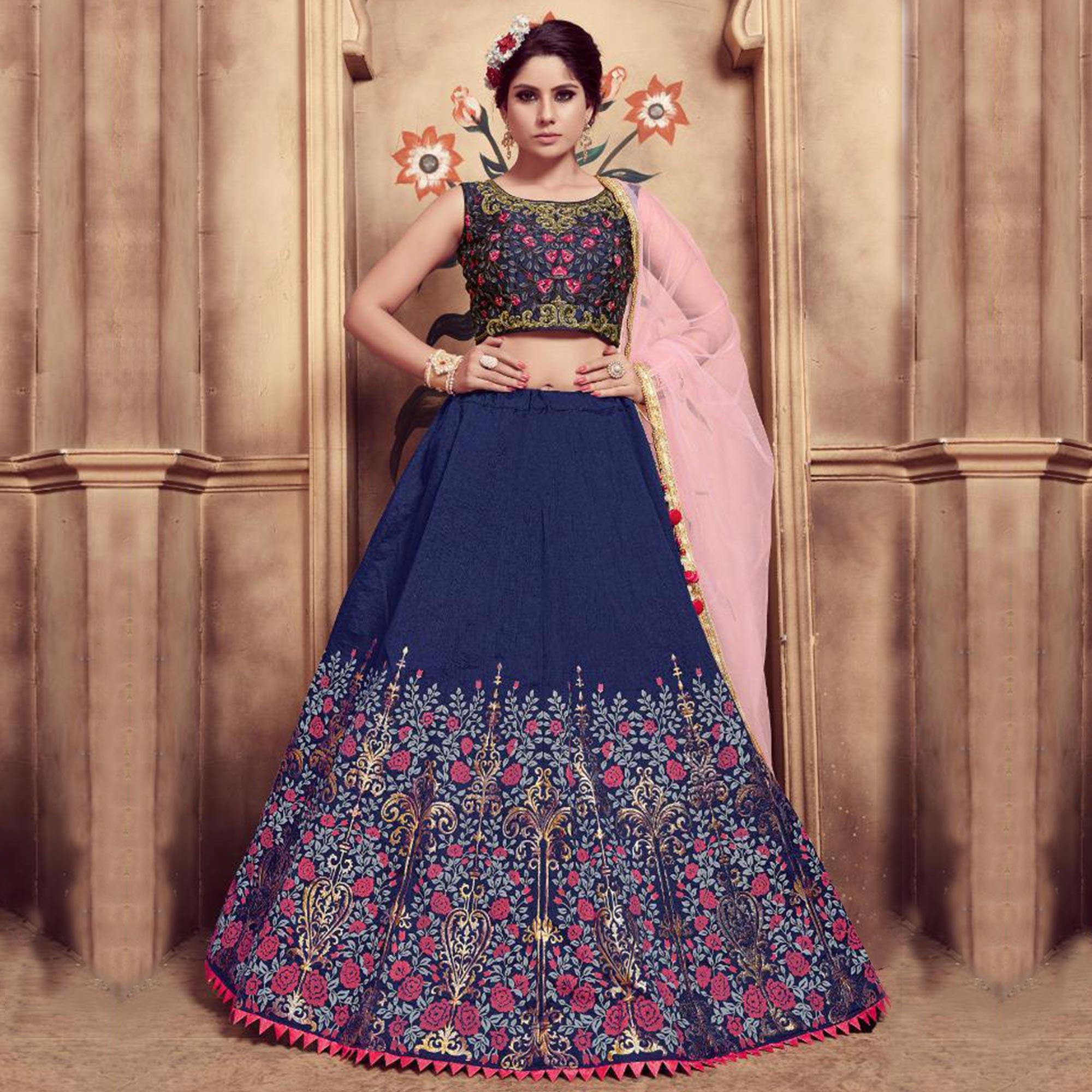 Peachmode Lovely Navy Blue Colored Party Wear Embroidered Silk Lehenga Choli