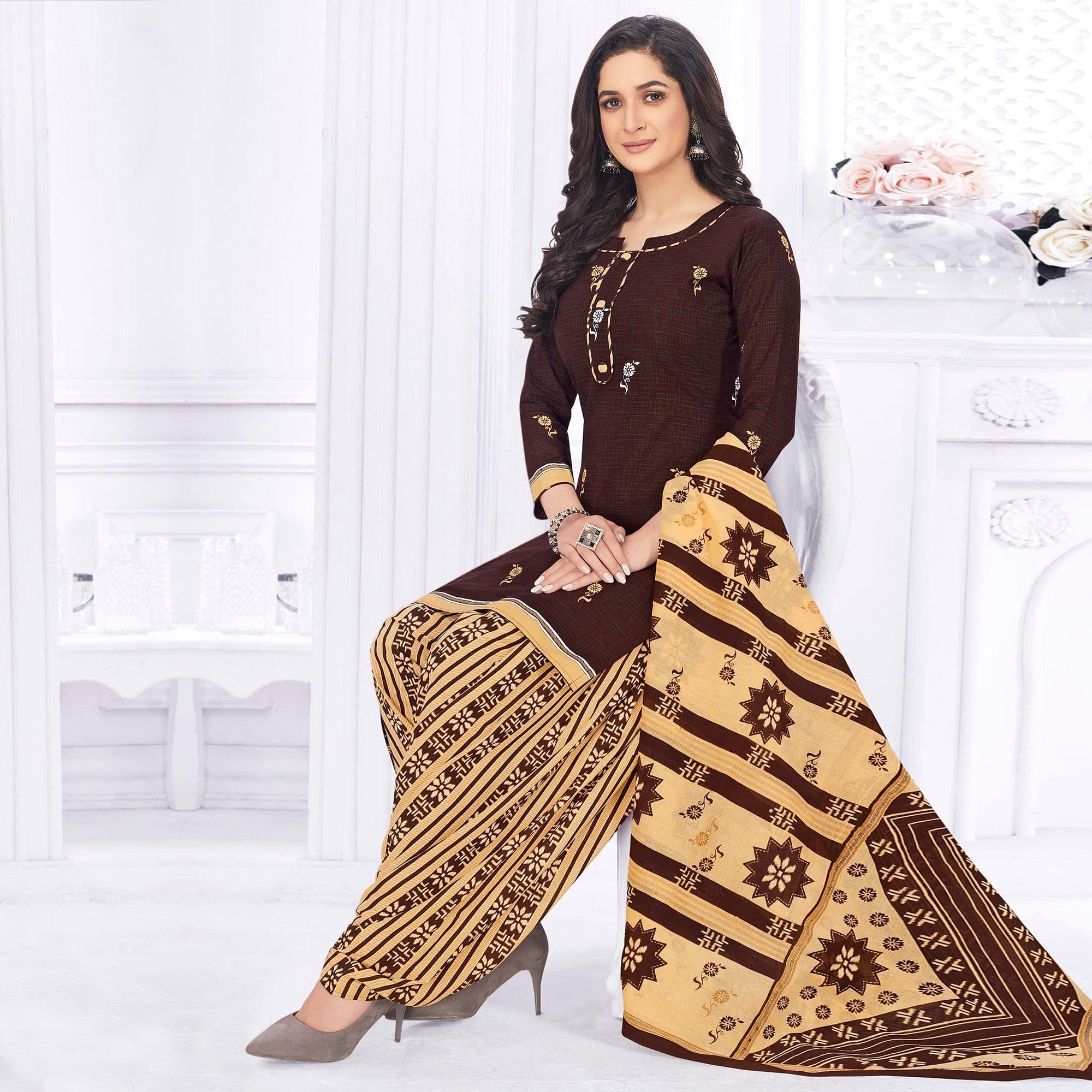 Peachmode Brown Casual Wear Printed Cotton Dress Material