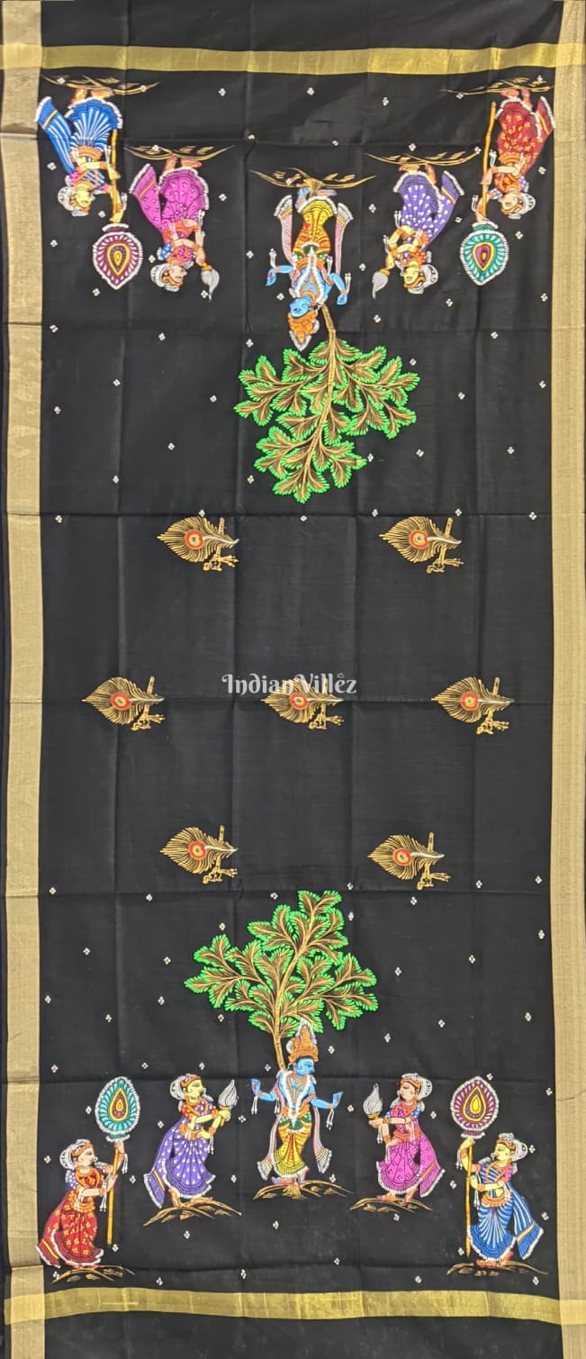 IndianVillèz Black Krishna Pattachitra Art on Chanderi Silk Dupatta