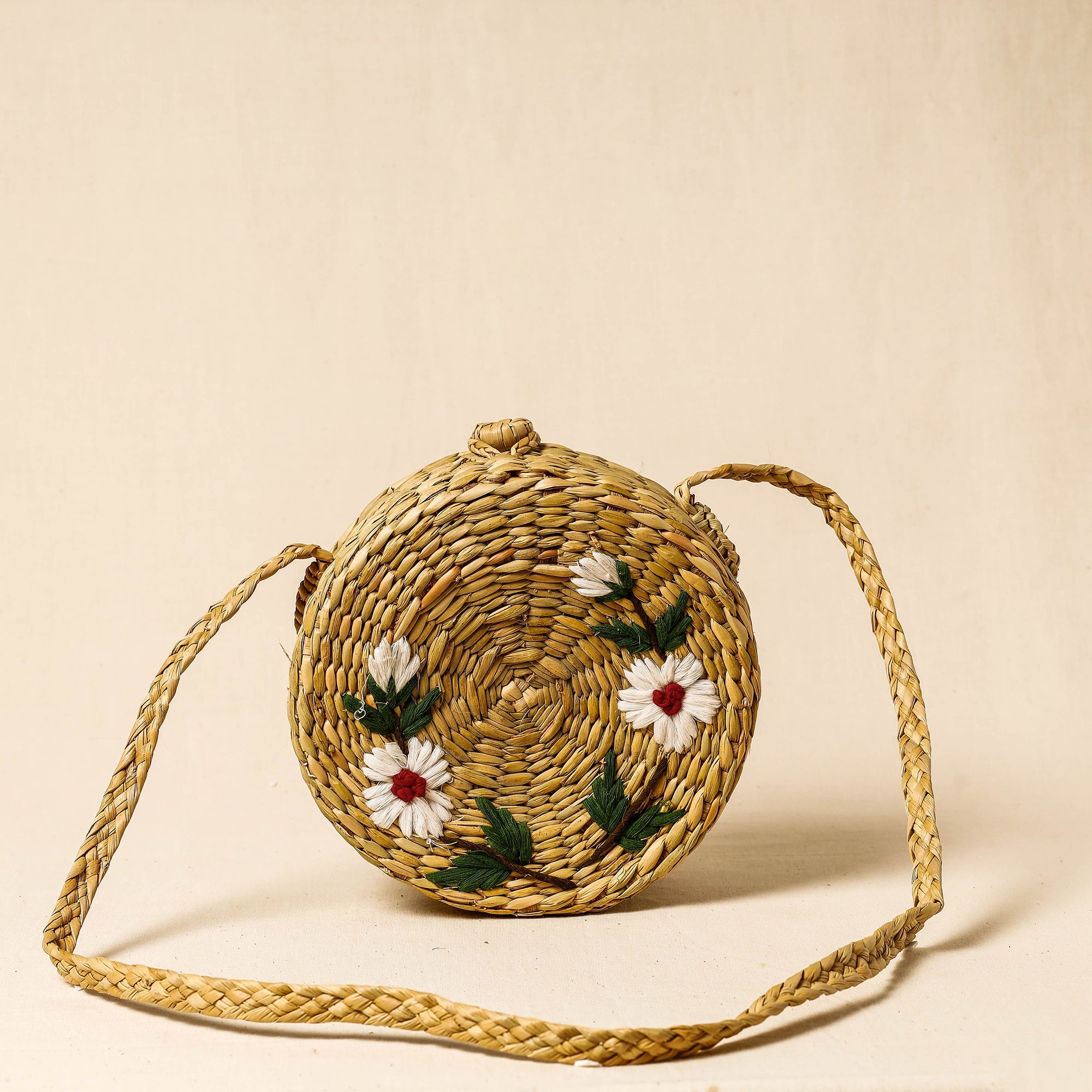 ITOKRI CRAFTS INITIATIVE Beige - Handcrafted Natural Water Reed Embroidered Sling Bag