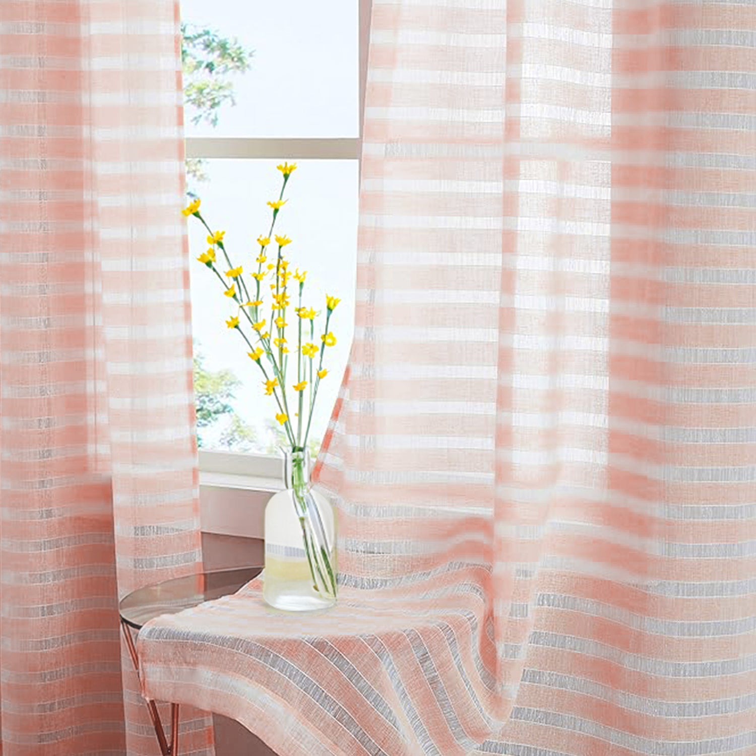 Urban Space -Home Furnishing Store Aari Collection Embriodered Sheer Curtains, 35-40 % Light Filtering Curtains - Pack of 2 - Horizontal Weaves Peach