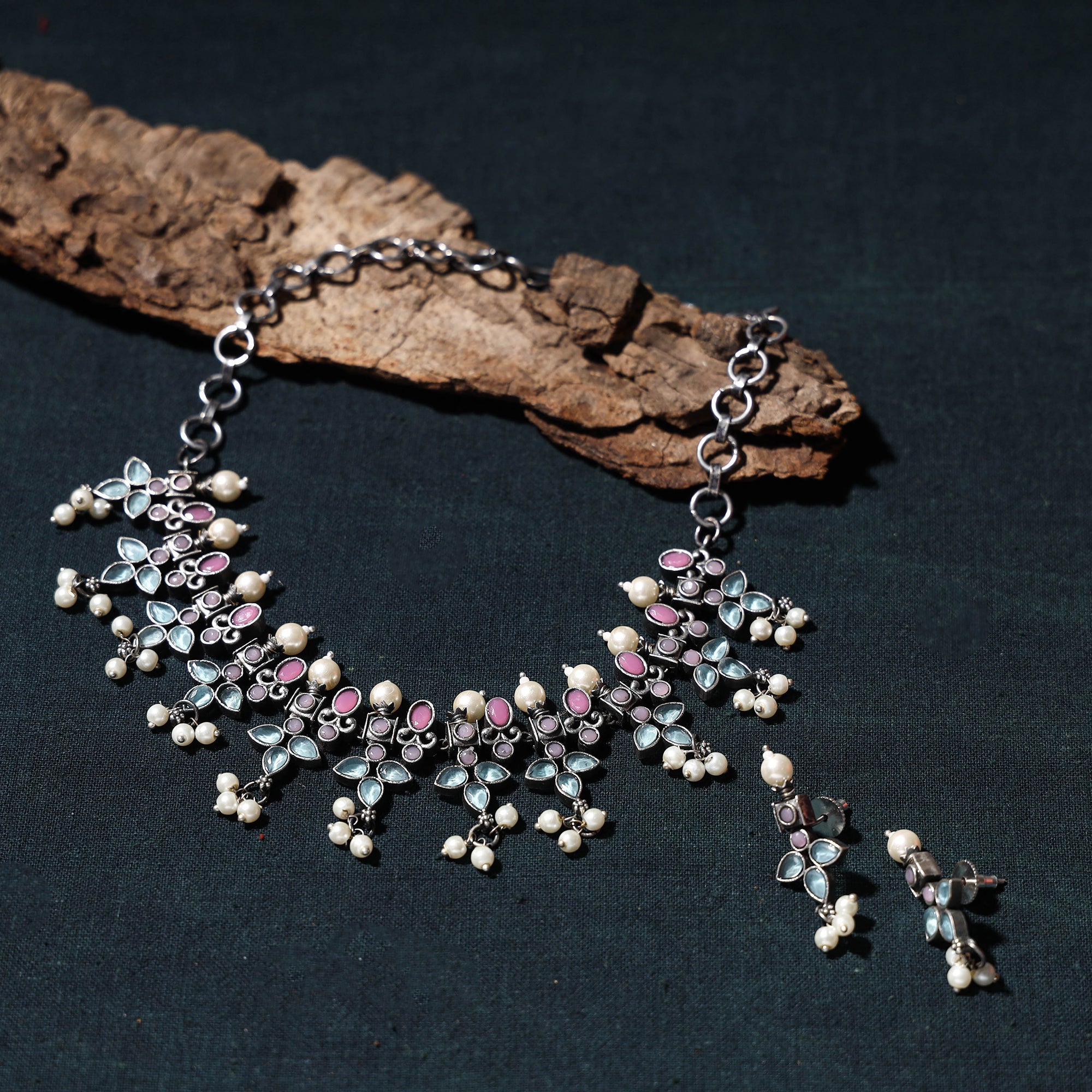 WHITE RIVER STORIES Antique Silver Finish Oxidised Brass Base Stone Work Choker Necklace Set - view 2