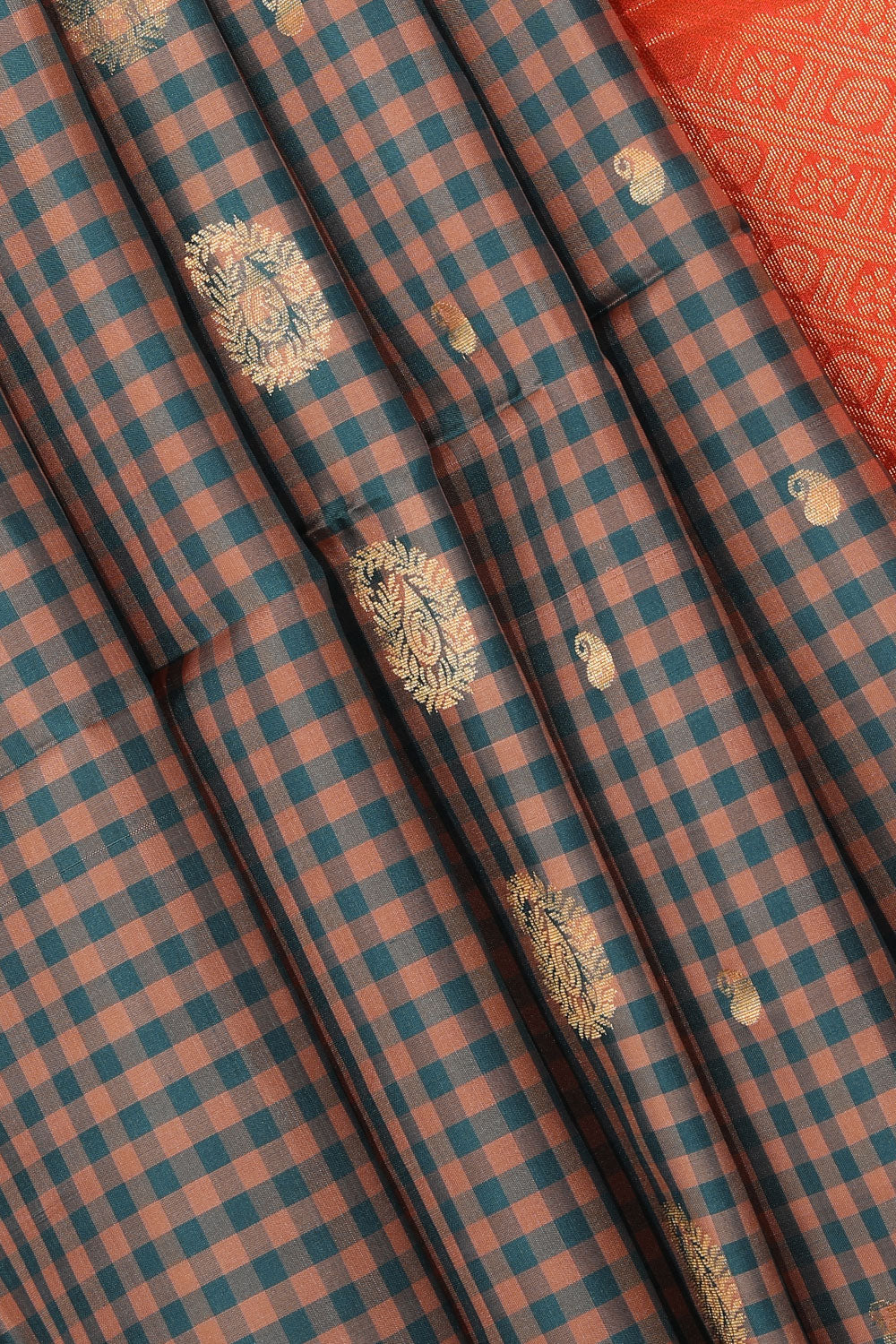 Kalanjali Gorgeous Teal Blue Saree With Coral-Orange Pallu - view 2