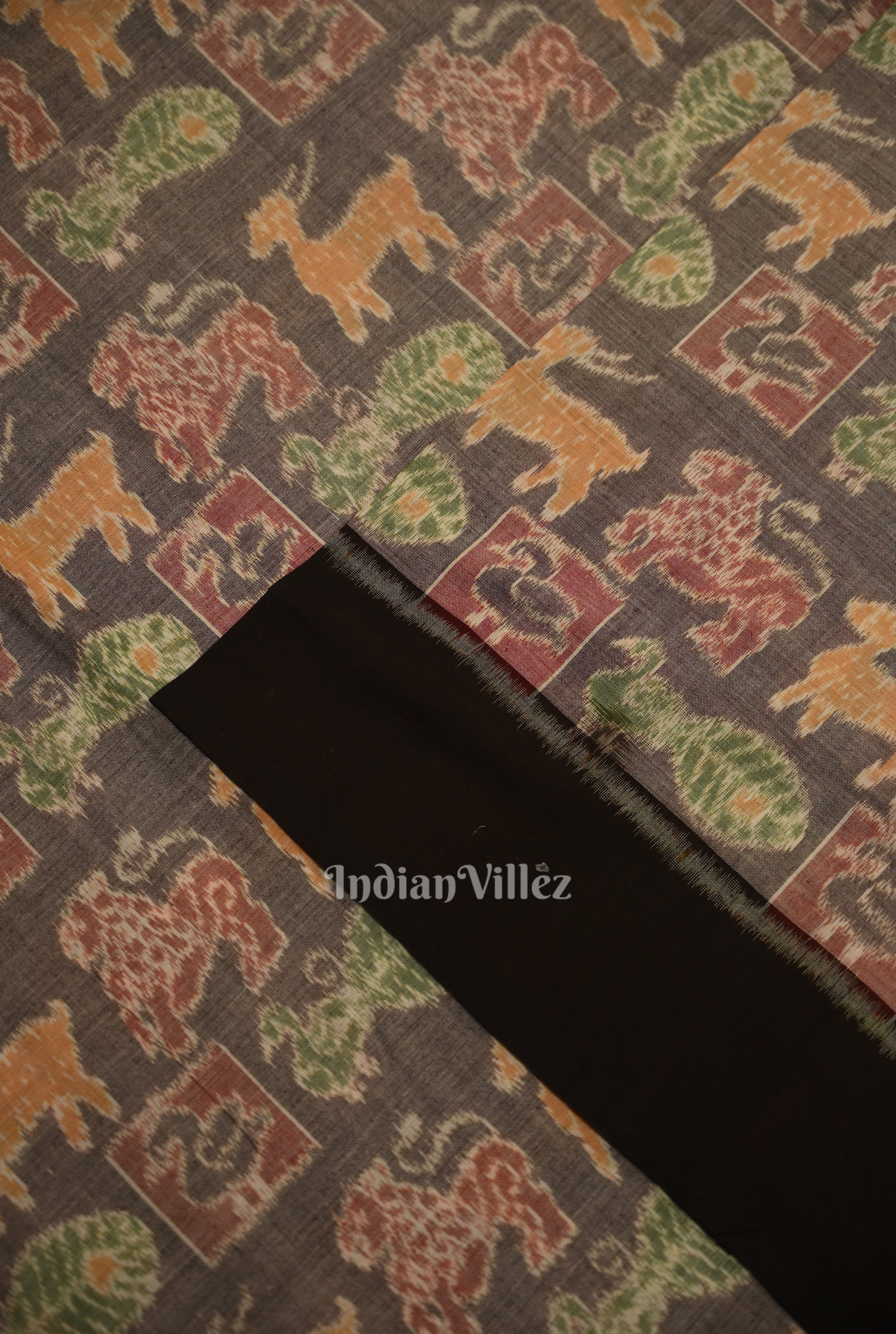 IndianVillèz Cement Gray Jungle Theme Sambalpuri Odisha Ikat Cotton Fabric - view 2