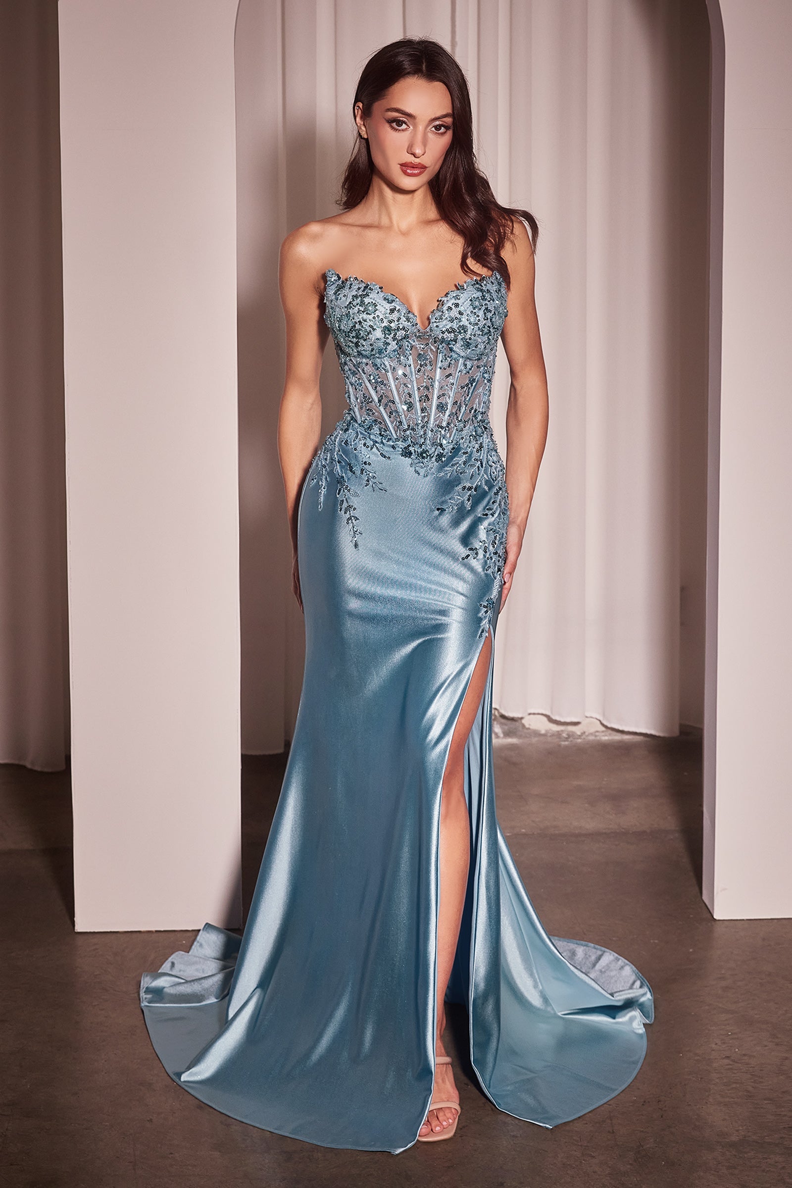 Cinderella Divine Applique Satin Strapless Slit Gown by Ladivine KV1112 - view 2