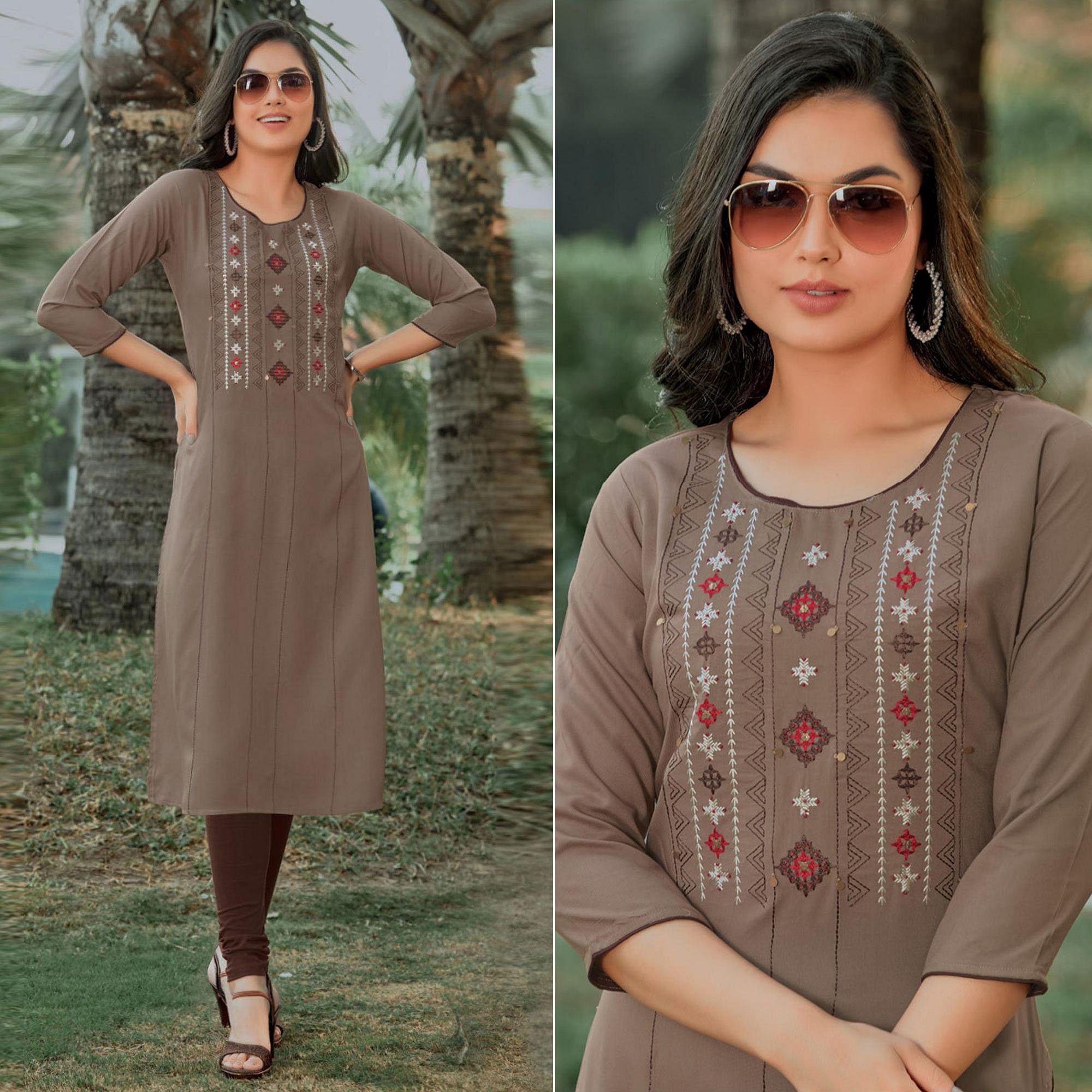 Peachmode Seller Brown Embroidered Pure Cotton Kurti