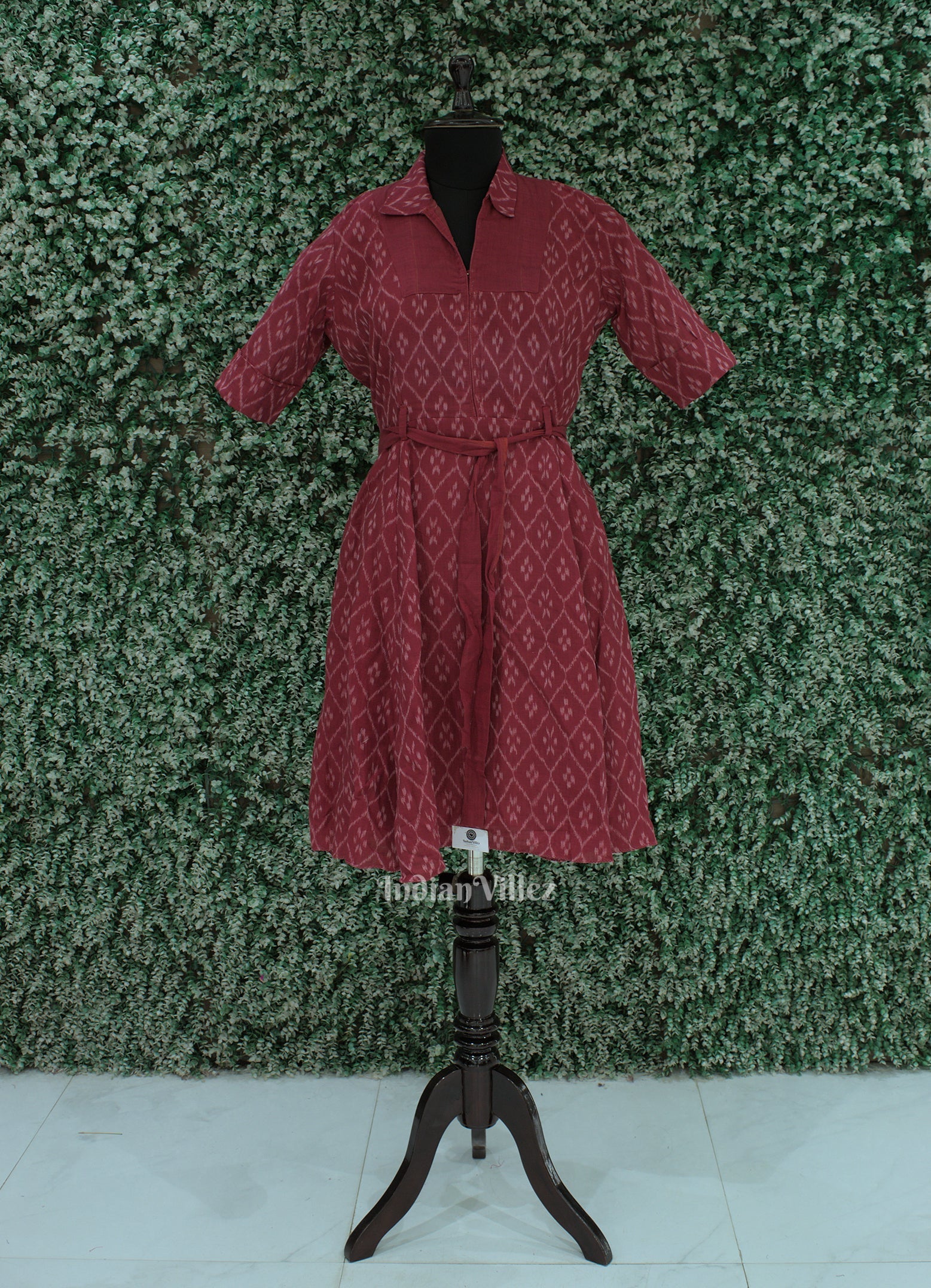 IndianVillèz Maroon Sambalpuri Odisha Ikat Designer Cotton Frock