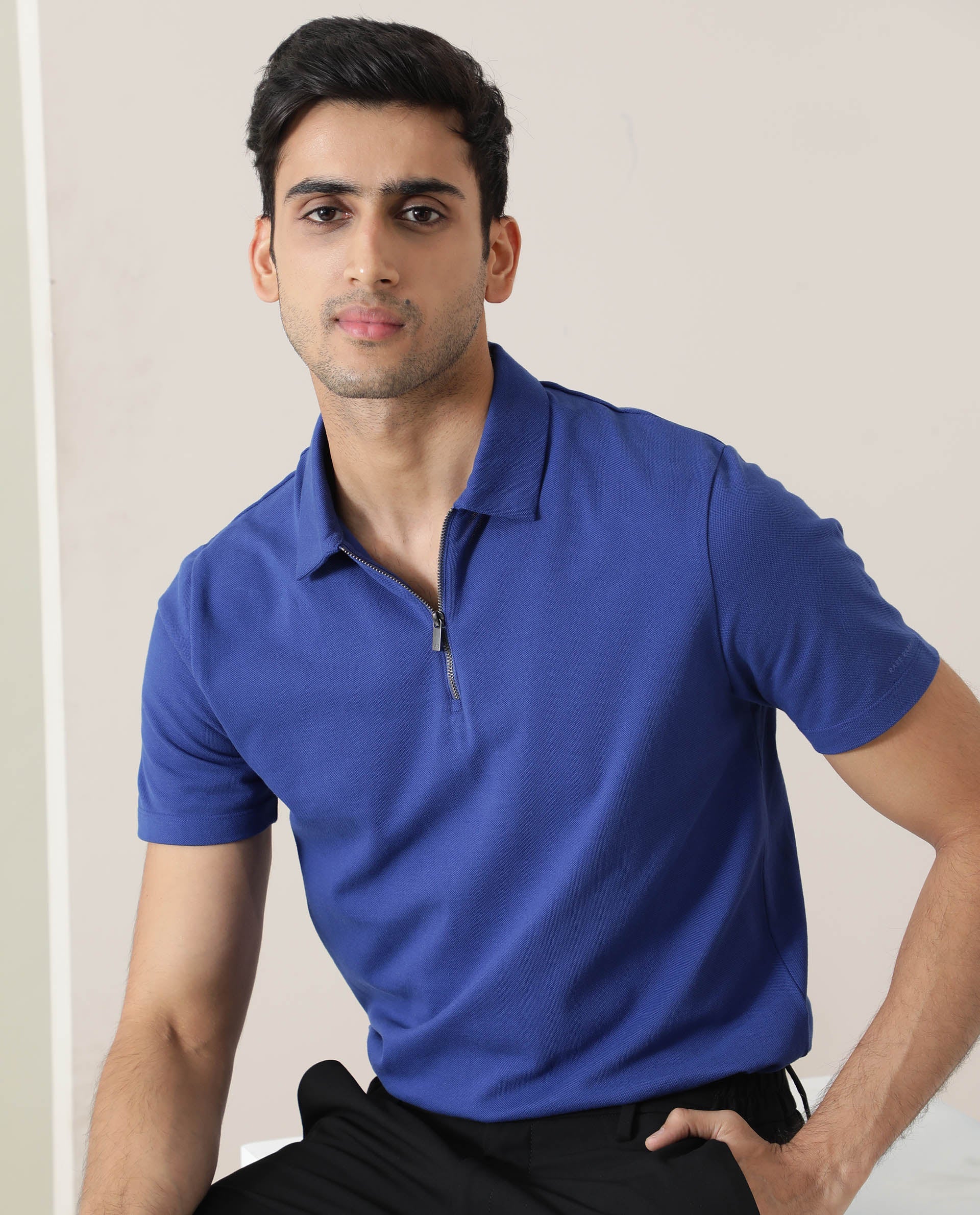 Rare Rabbit Men's Stel Fluorescent Blue Cotton Fabric Collared Neck Zipper Closure Half Sleeves Flat Knit Polo T-Shirt - view 6