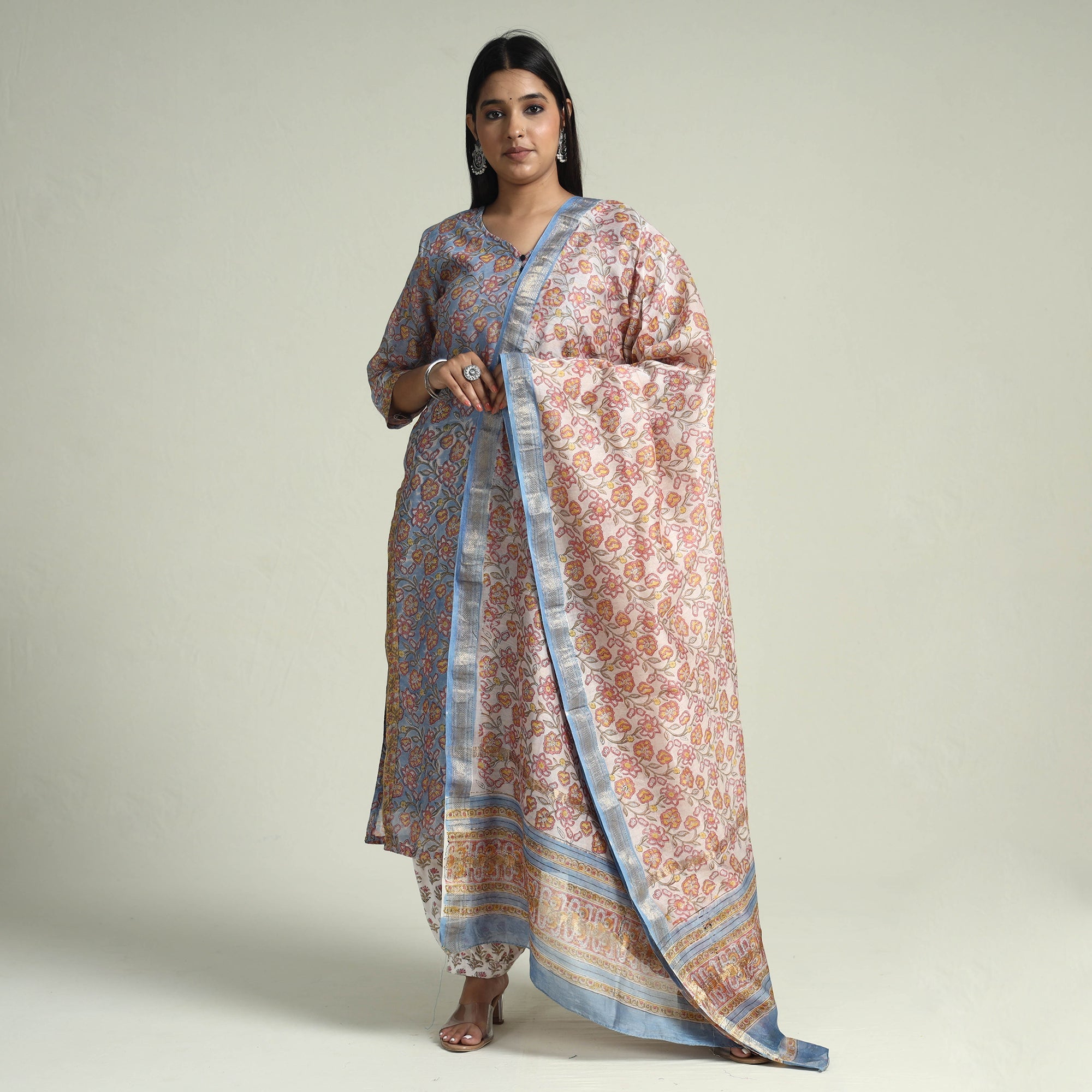 ITOKRI CASUALS Brown - Sanganeri Block Printed Maheshwari Silk Kurta with Palazzo & Dupatta Set