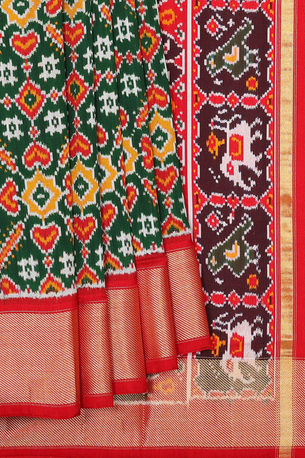 Kalanjali Ikat Silk Bottle Green Saree – Women's