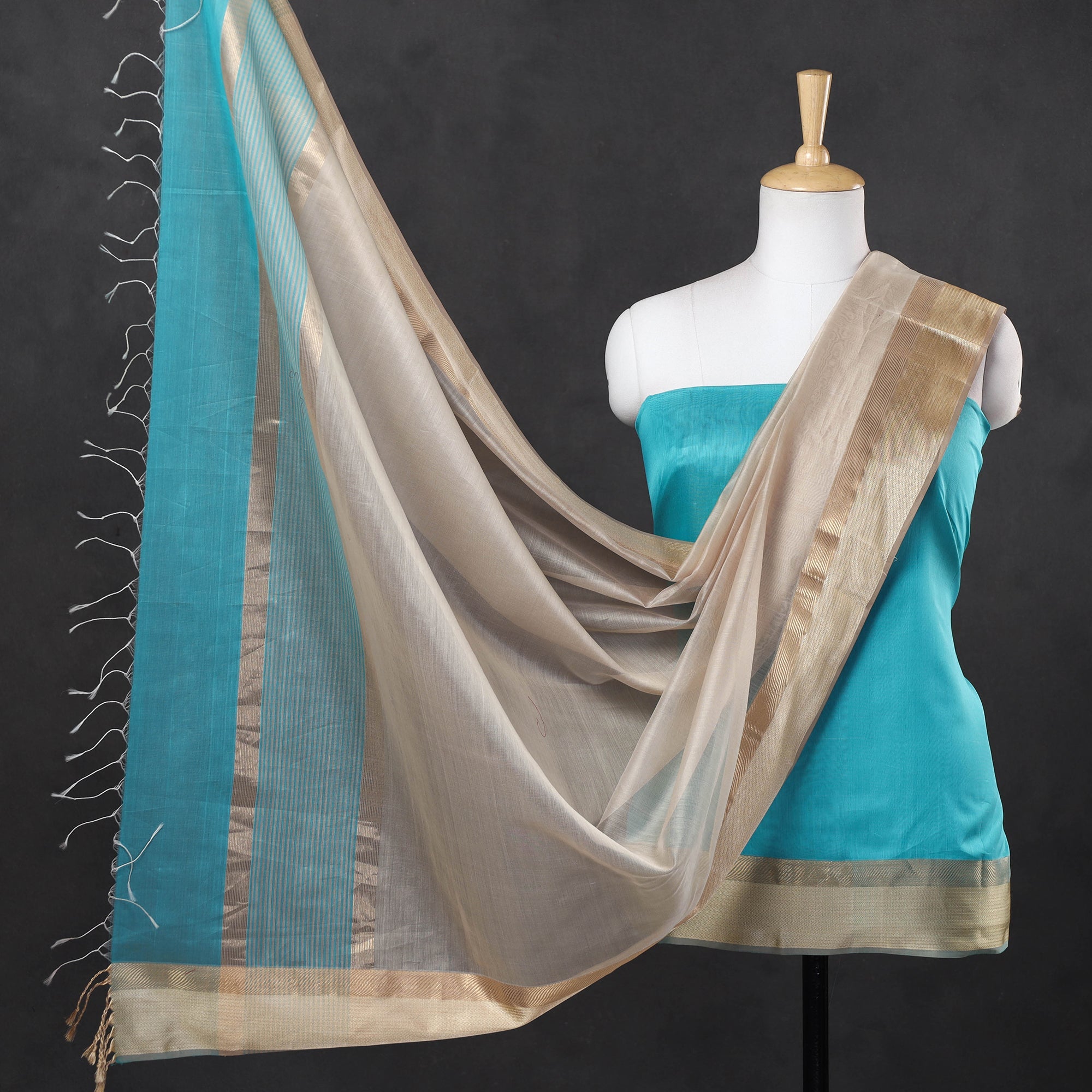 ITOKRI CRAFTS INITIATIVE Blue - 2pc Maheshwari Silk Handloom Suit Material Set with Resham Zari Border