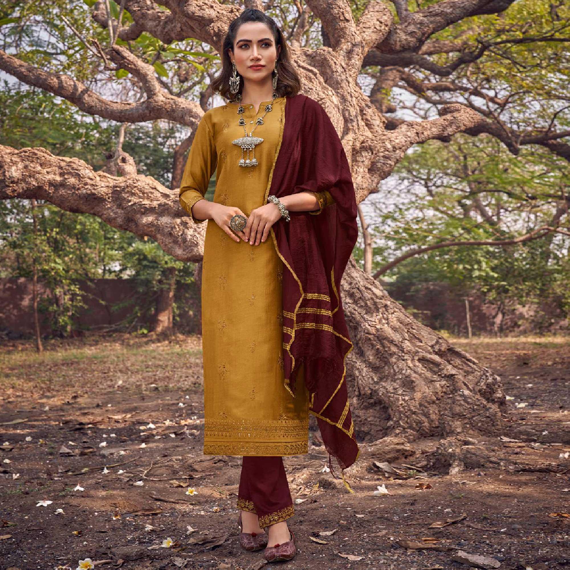 Peachmode Seller Exceptional Yellow Colored Partywear Embroidered Cotton Silk Straight Suit