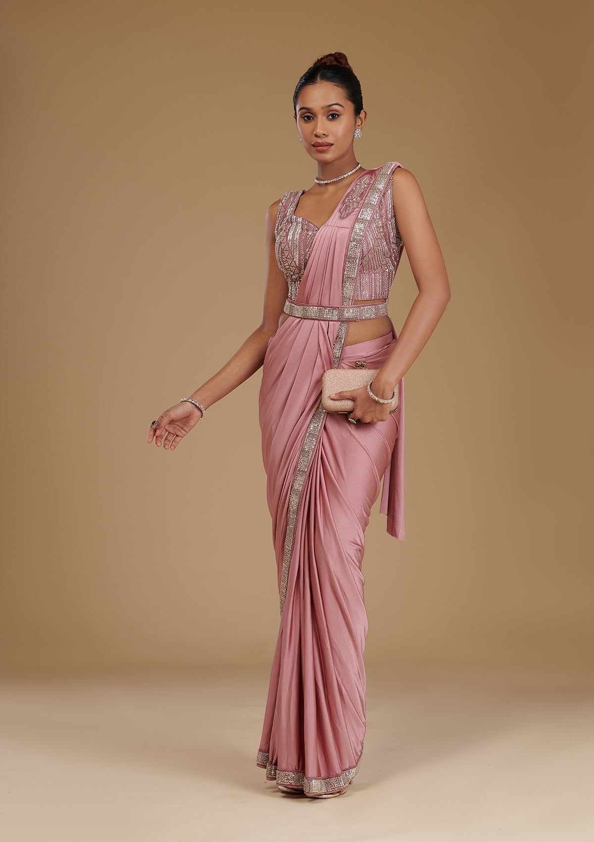 Koskii Onion Pink Cutdana Satin Readymade Saree