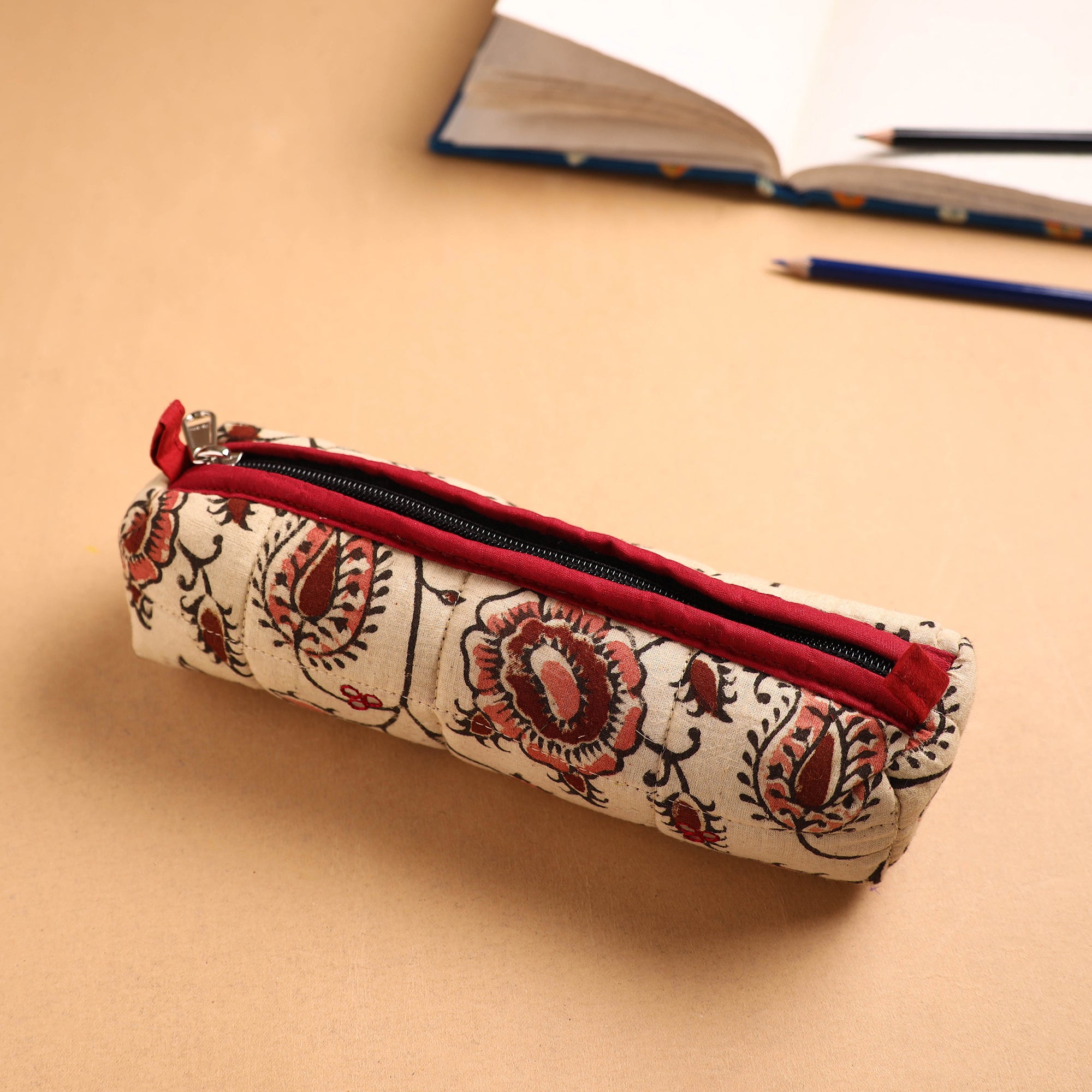 NOORI BAZAR Beige - Handcrafted Quilted Cotton Pencil Pouch 01