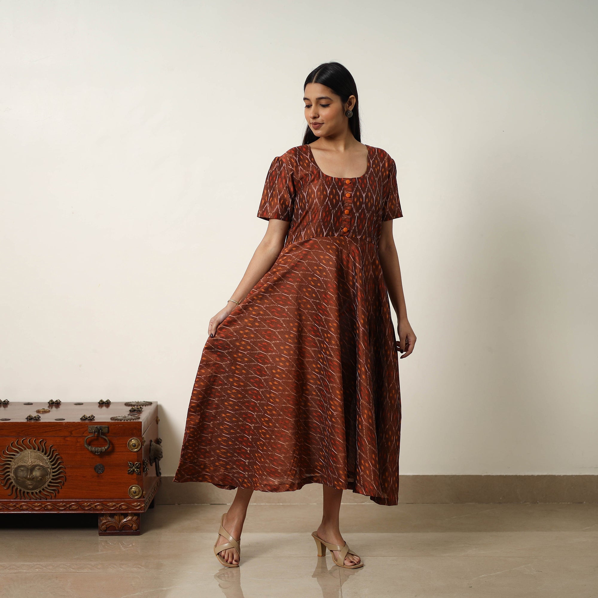ITOKRI CASUALS Brown - Mercerized Cotton Flared Pochampally Ikat Dress 14 - view 3
