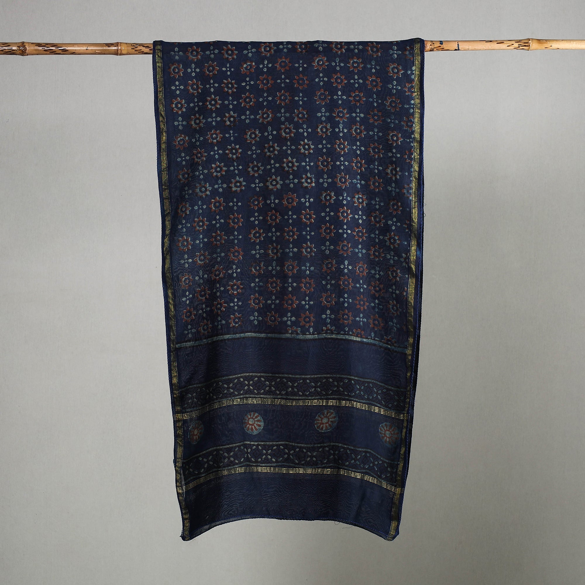 HAVELI CHRONICLES Blue - Akola Block Printed Chanderi Silk Handloom Stole with Zari Border - view 2
