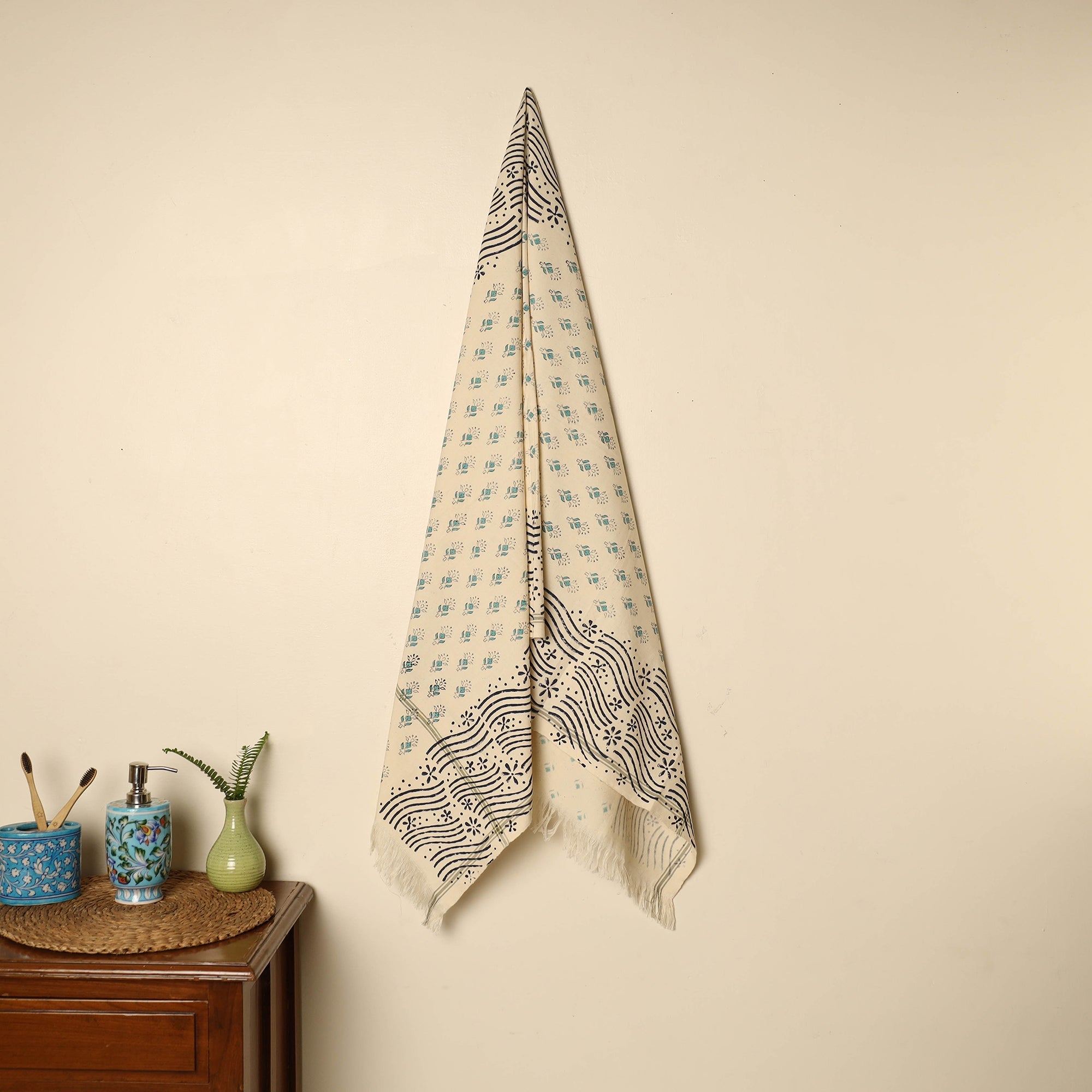 ARTISAN HAND BLOCK PRINTS Beige - Block Printed Handloom Cotton Sanganeri Towel 28