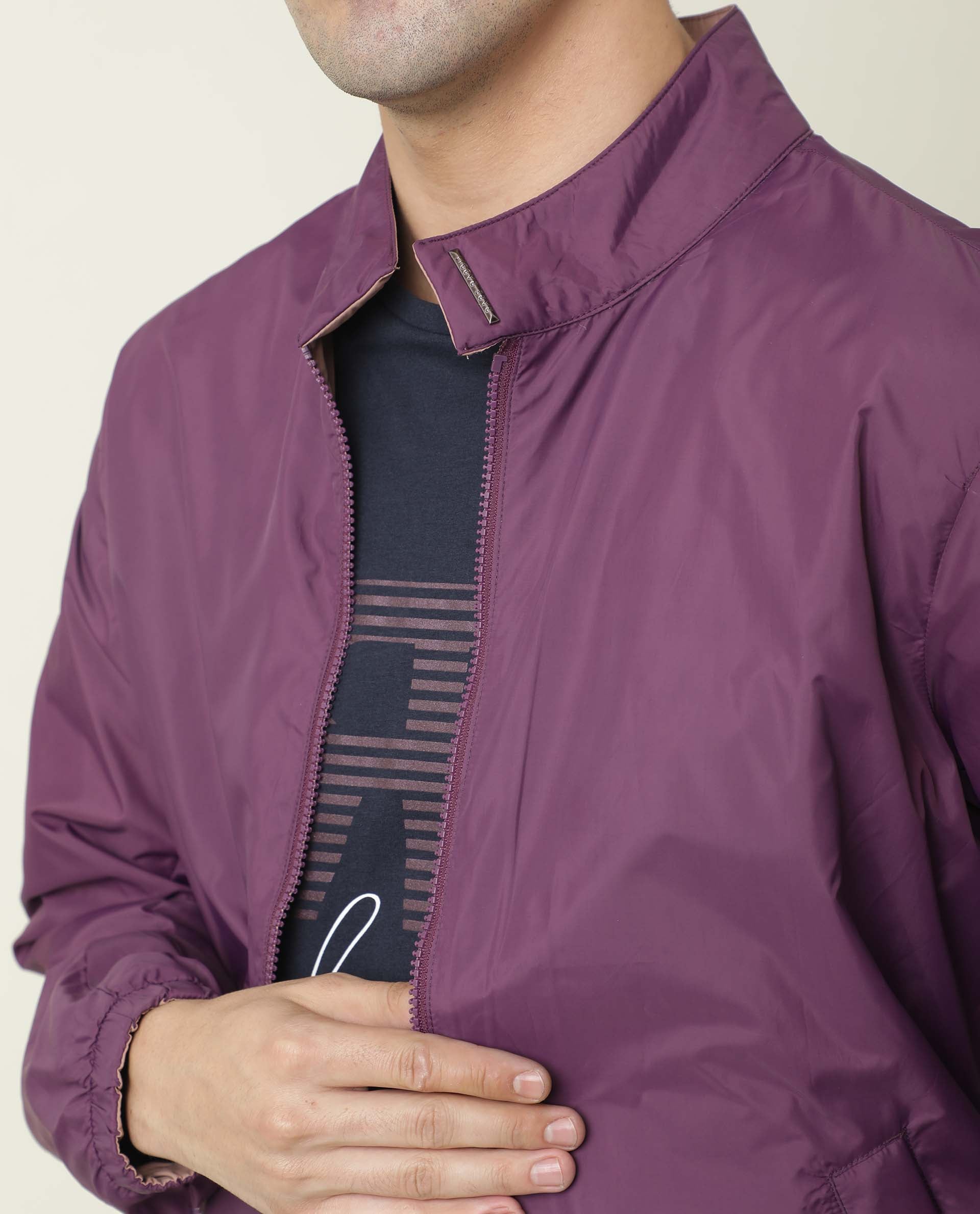 Rare Rabbit Men's Adol Dark Maroon Plain Lightweight Band Collar Reversible Jacket - view 6