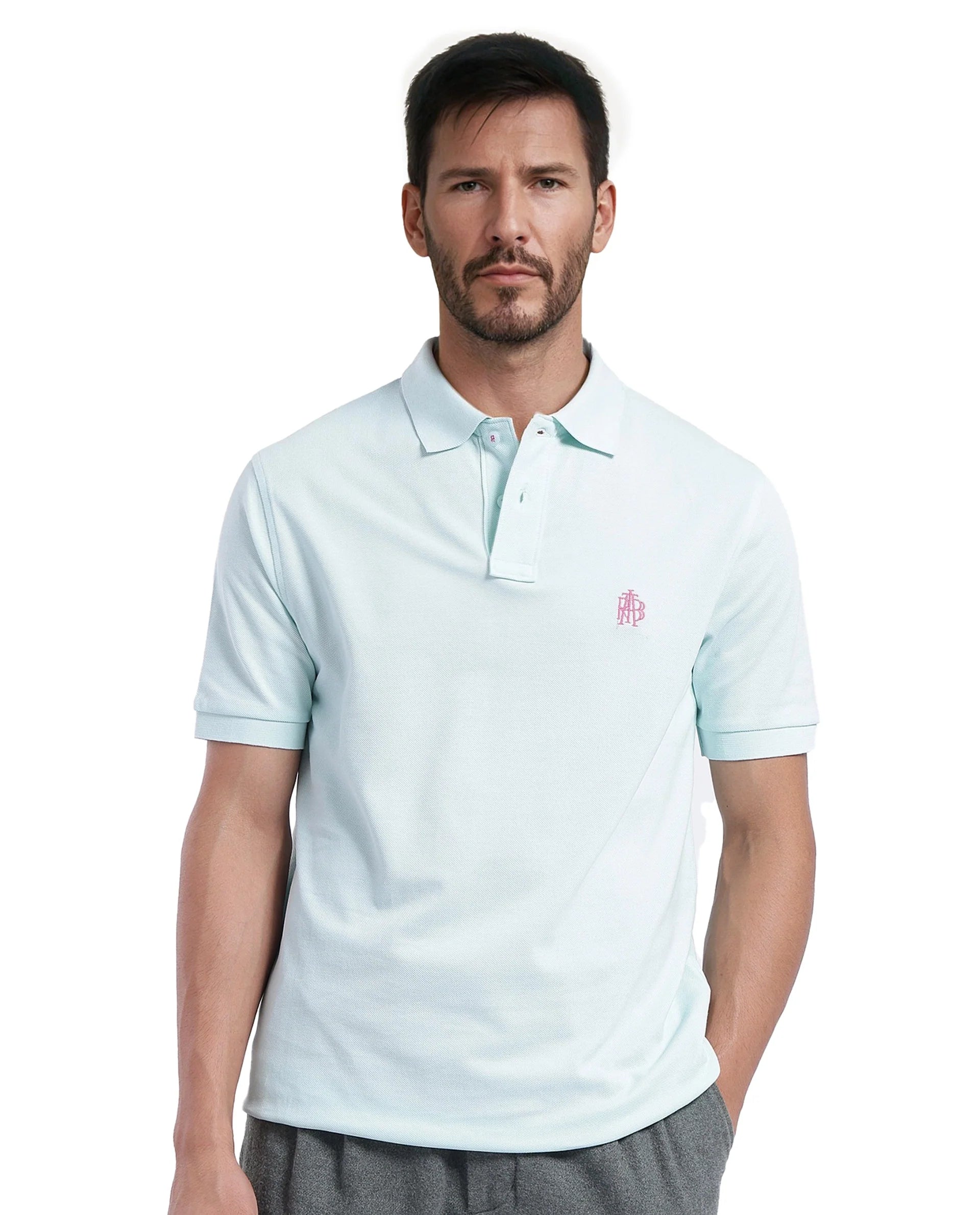 Rare Rabbit Men Pare-1 Light Blue Cotton Fabric Short Sleeve Collared Neck Regular Fit Printed Polo