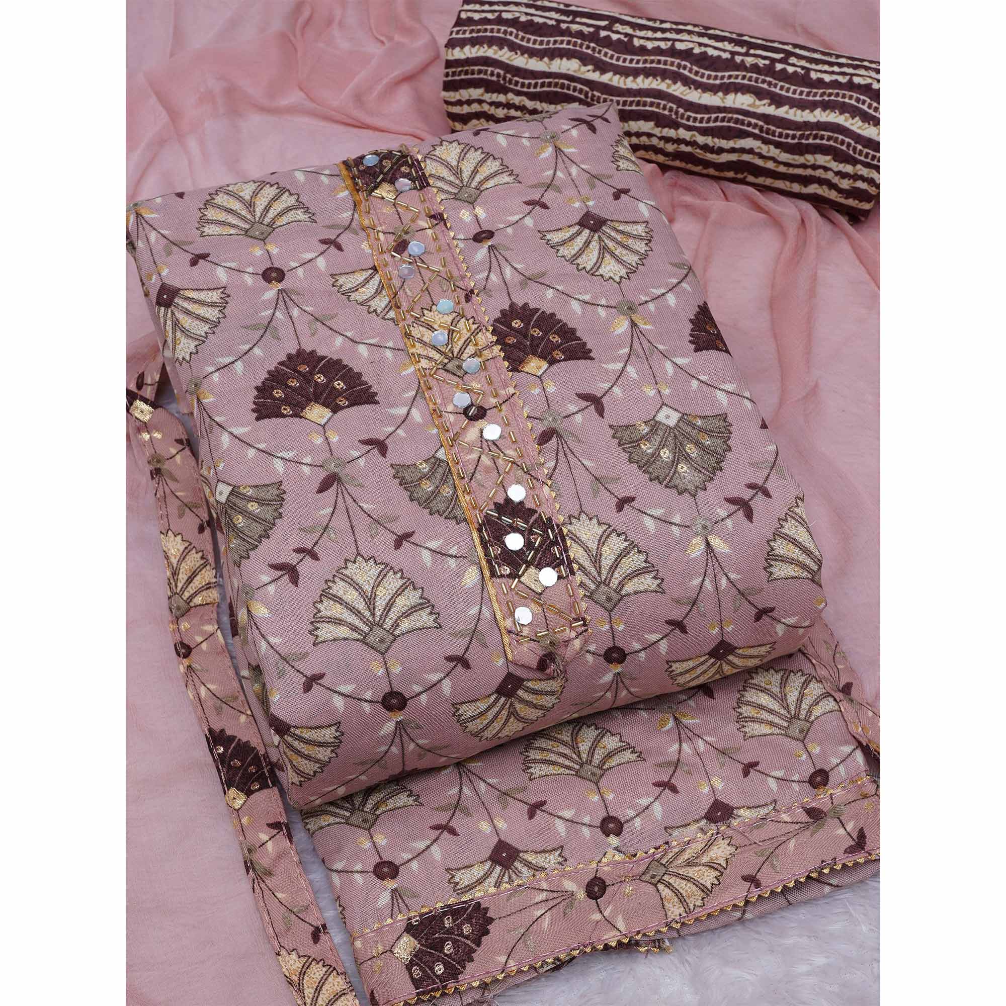Peachmode Mauve Floral Foil Printed Cotton Blend Dress Material - view 4