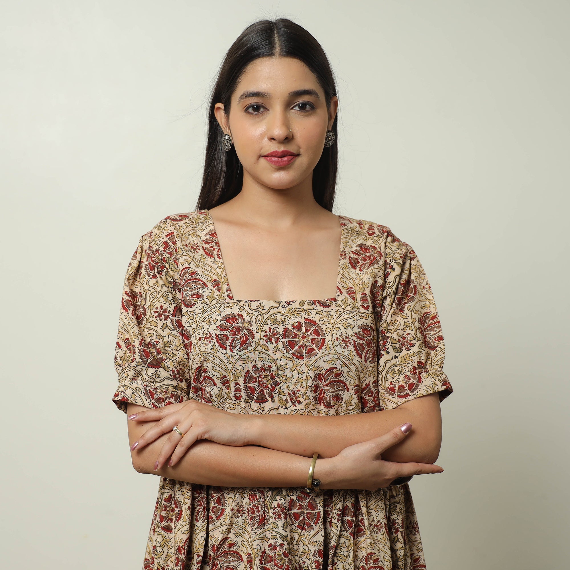 ITOKRI CASUALS Beige - Pedana Kalamkari Block Printed Cotton Tiered Dress 03