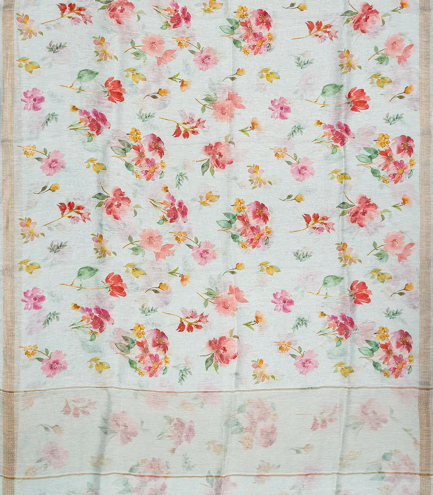 RmKV Turquoise Handloom Linen Saree With Printed Floral Motifs - view 2