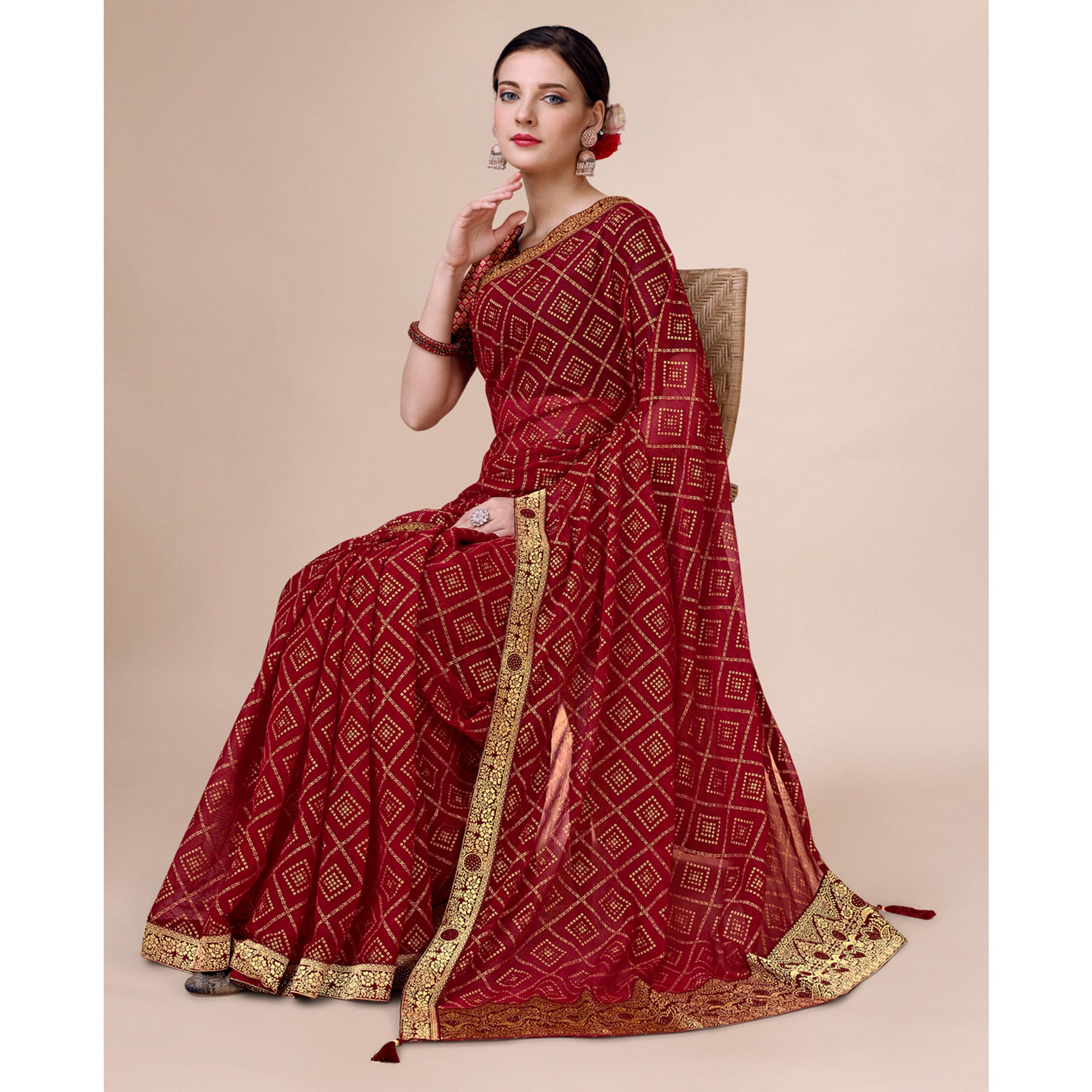 Peachmode Maroon Bandhani Foil Printed Chiffon Saree With Tassels - view 5
