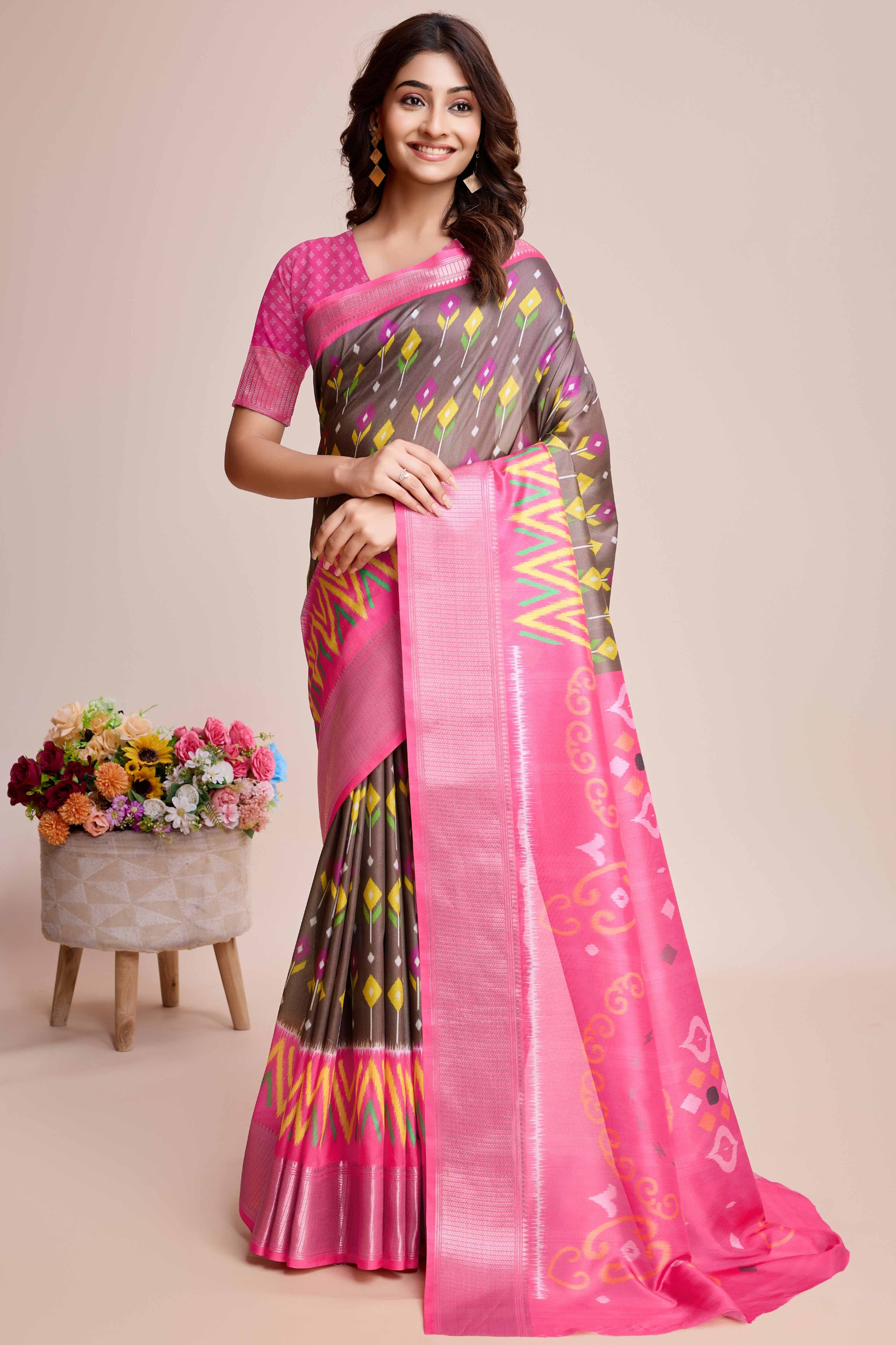 Peachmode Brown Patola Printed Dola Silk Saree