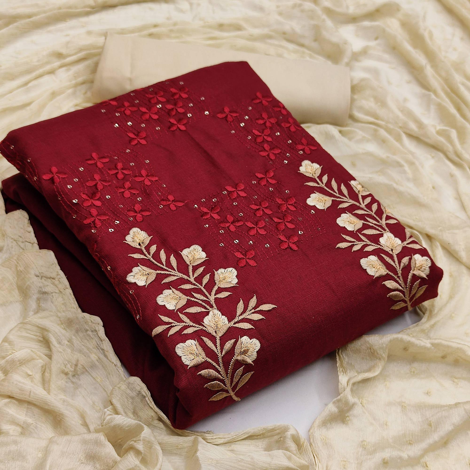 Peachmode Maroon Floral Embroidered Pure Cotton Dress Material