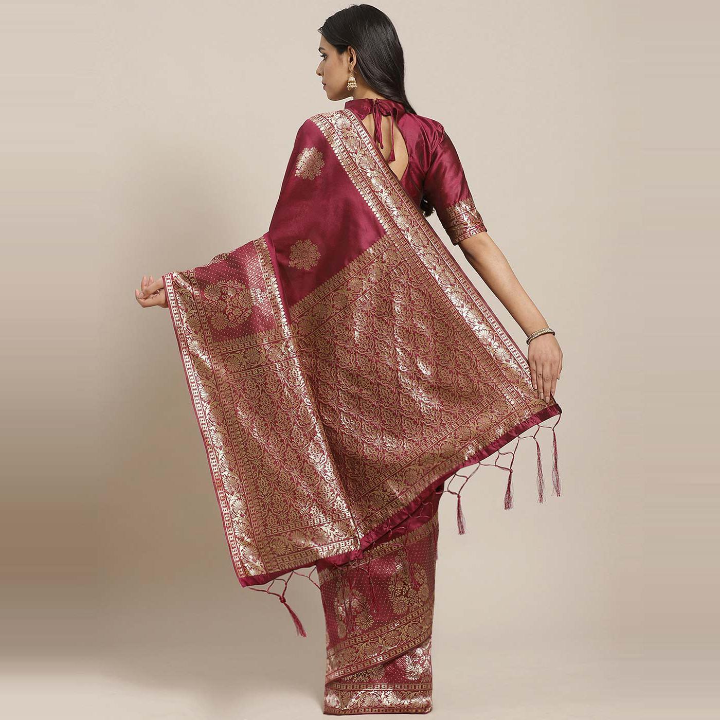 Peachmode Intricate Magenta Colored Festive Wear Woven Silk Blend Saree - view 4