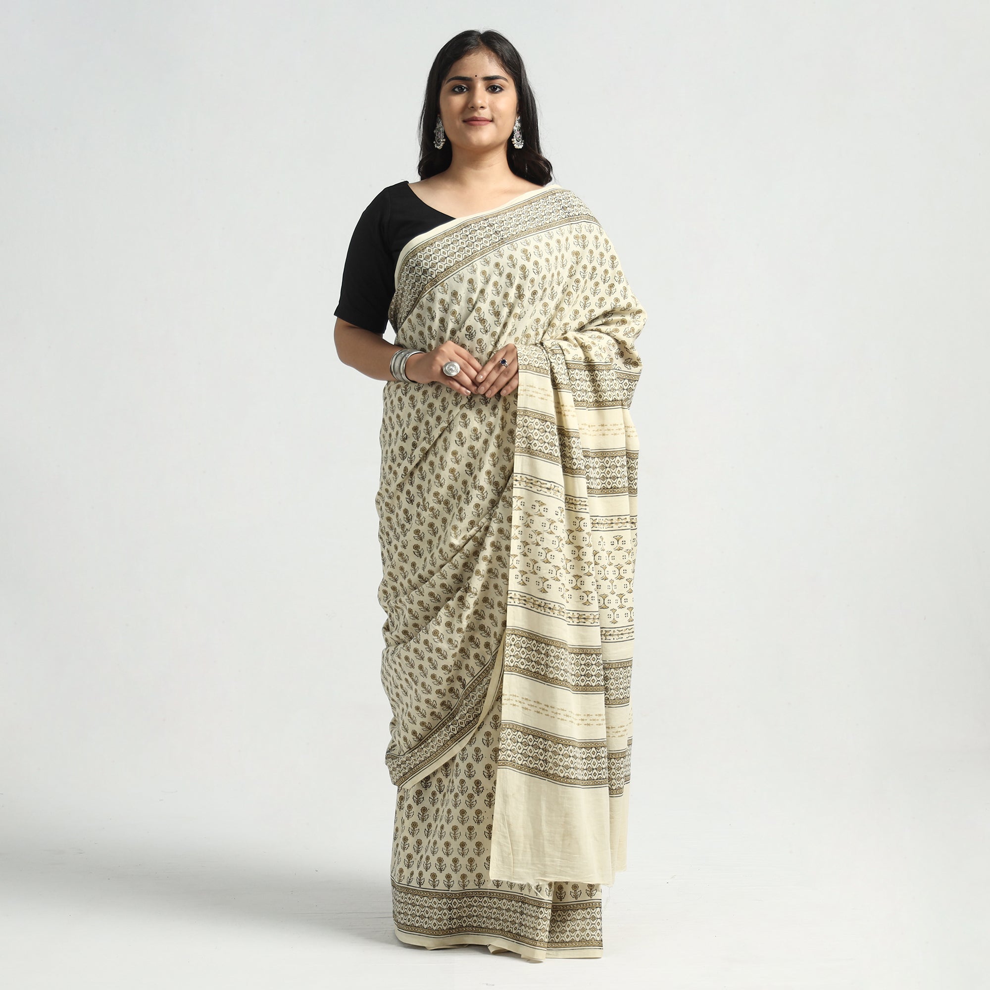 HAVELI CHRONICLES Beige - Akola Hand Block Printed Cotton Saree