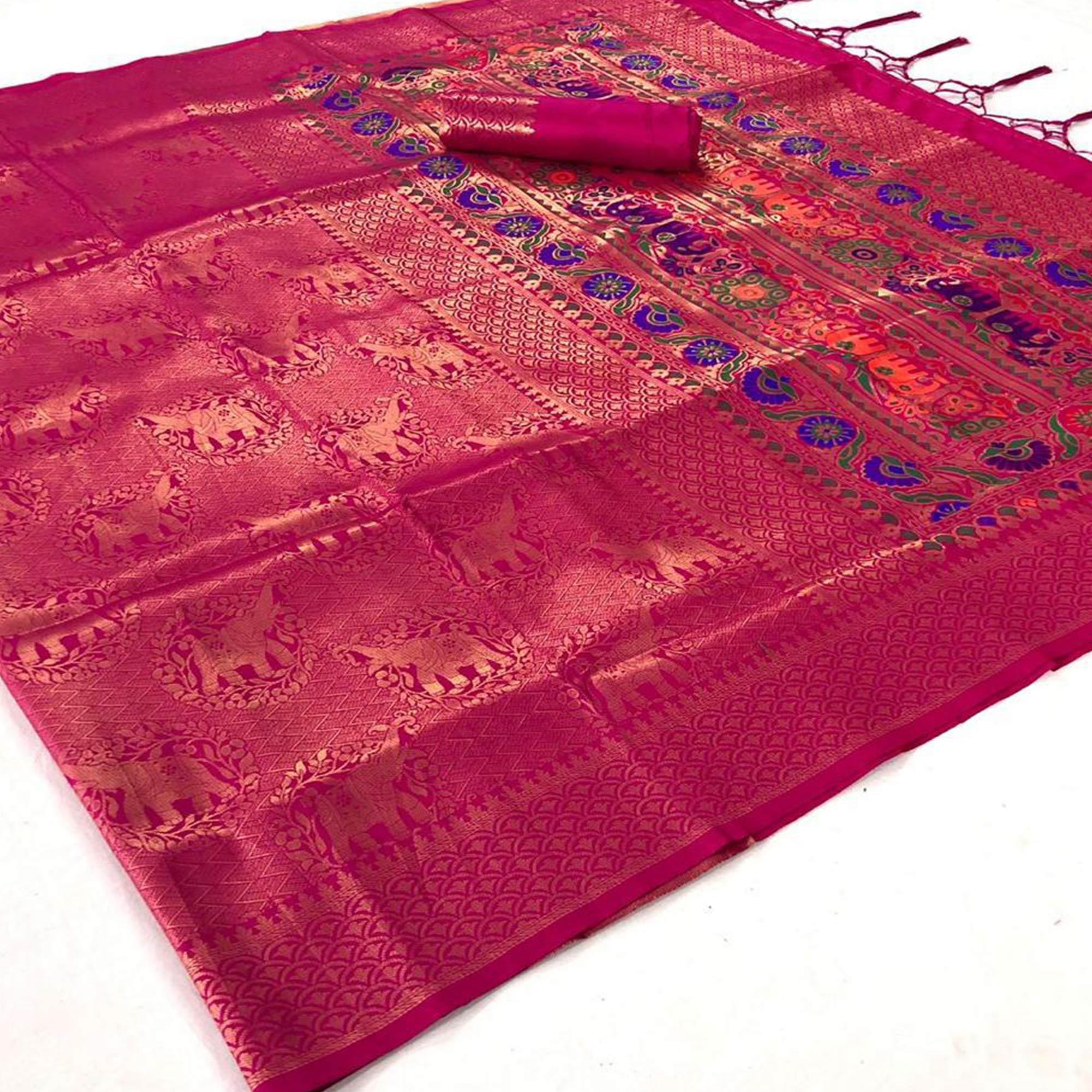 Peachmode Flattering Pink Colored Festive Wear Woven Pure Soft Silk Saree