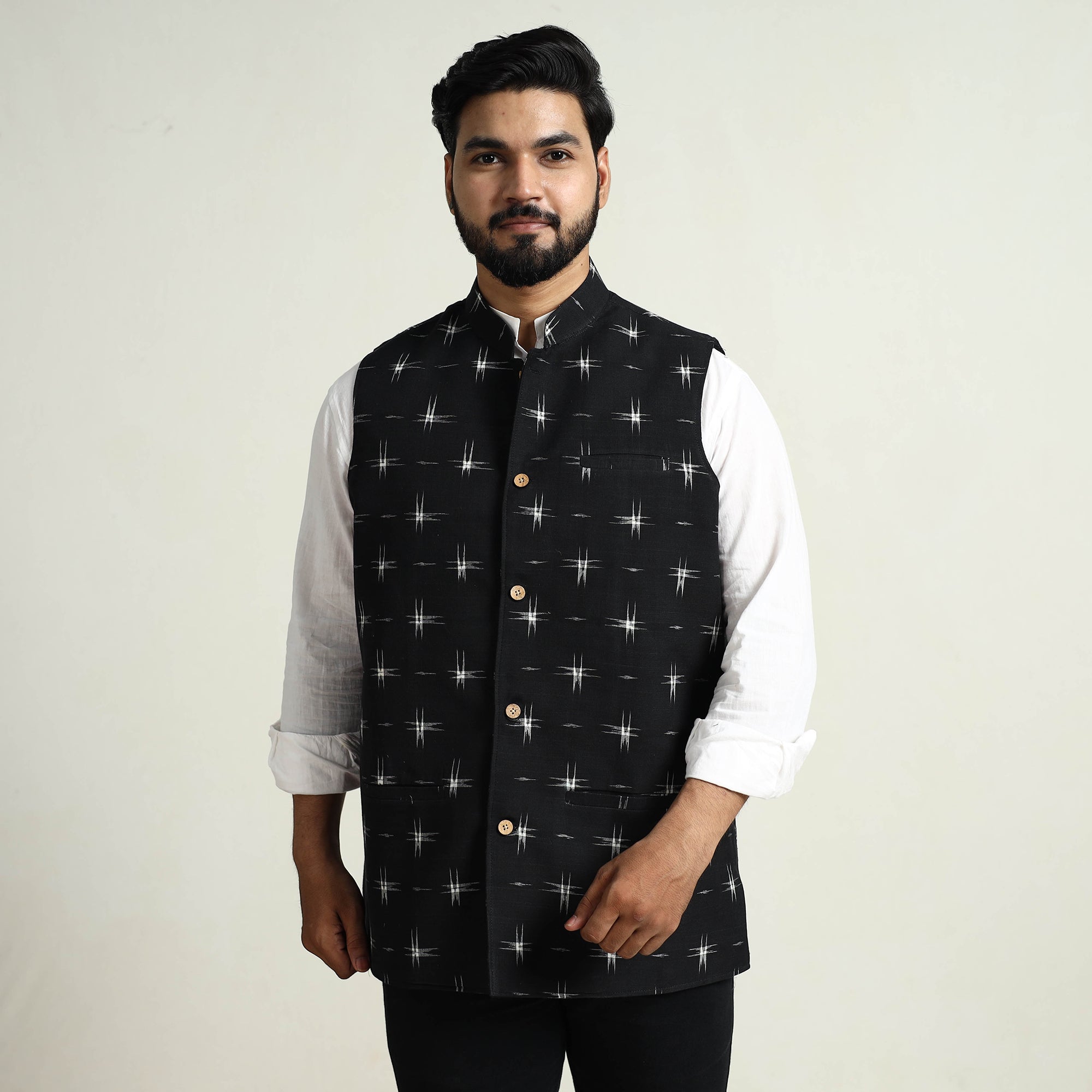 ITOKRI CASUALS Black - Pochampally Double Ikat Handloom Cotton Men Nehru Jacket 04