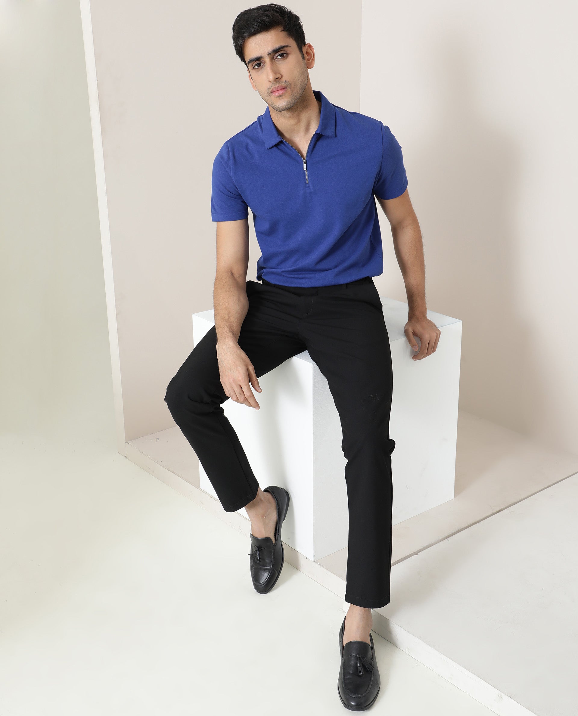 Rare Rabbit Men's Stel Fluorescent Blue Cotton Fabric Collared Neck Zipper Closure Half Sleeves Flat Knit Polo T-Shirt - view 7