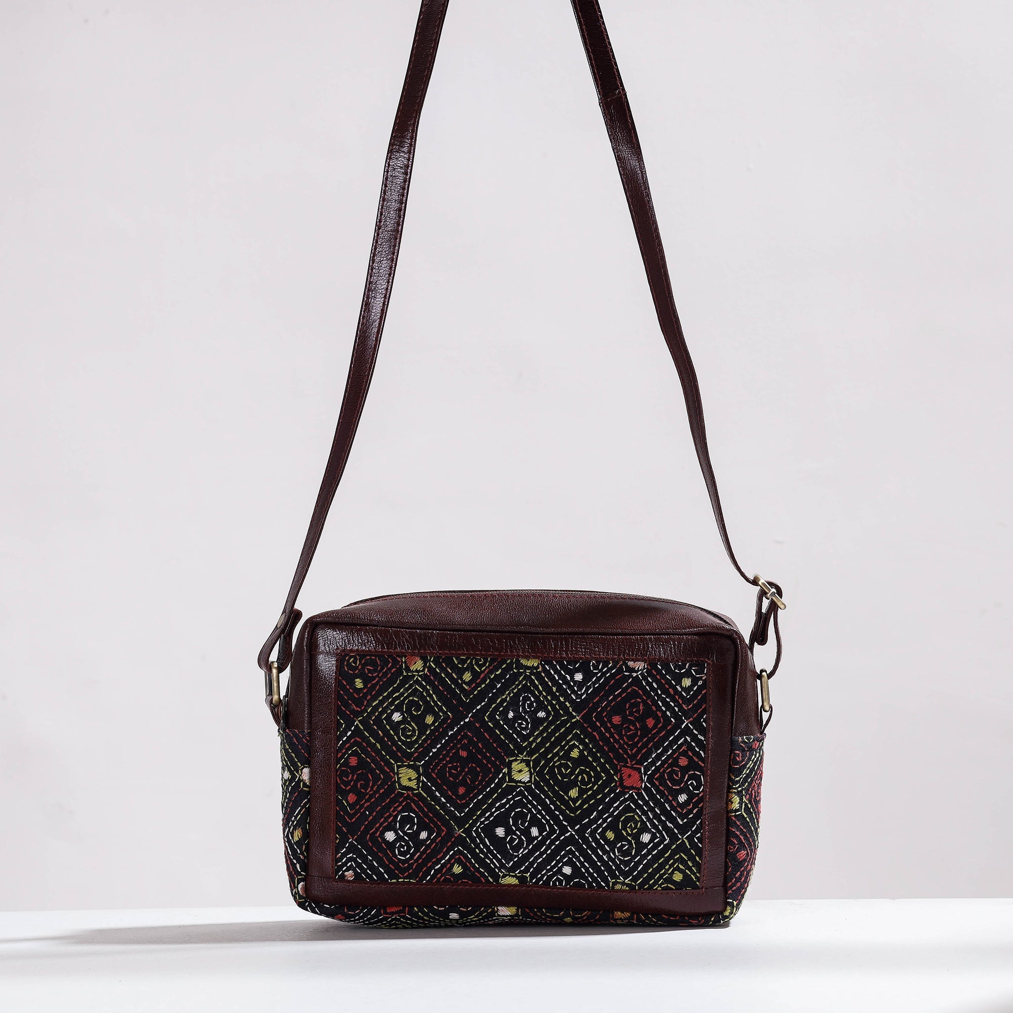 ASALKAAR Brown - Handcrafted Kantha Embroidery Cotton & Leather Sling Bag - view 2