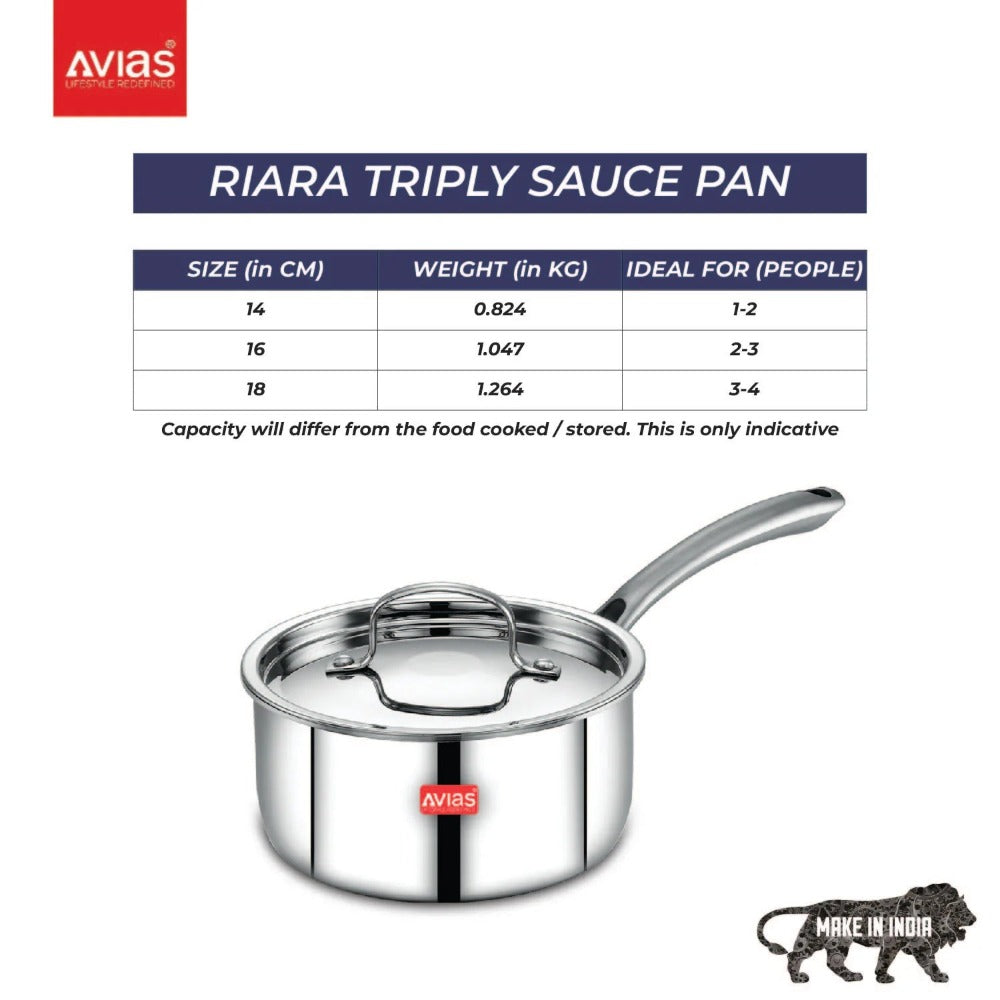AVIAS Riara Premium Stainless Steel Tri-Ply Saucepan With Steel Lid | Gas & Induction Compatible | Silver - view 5