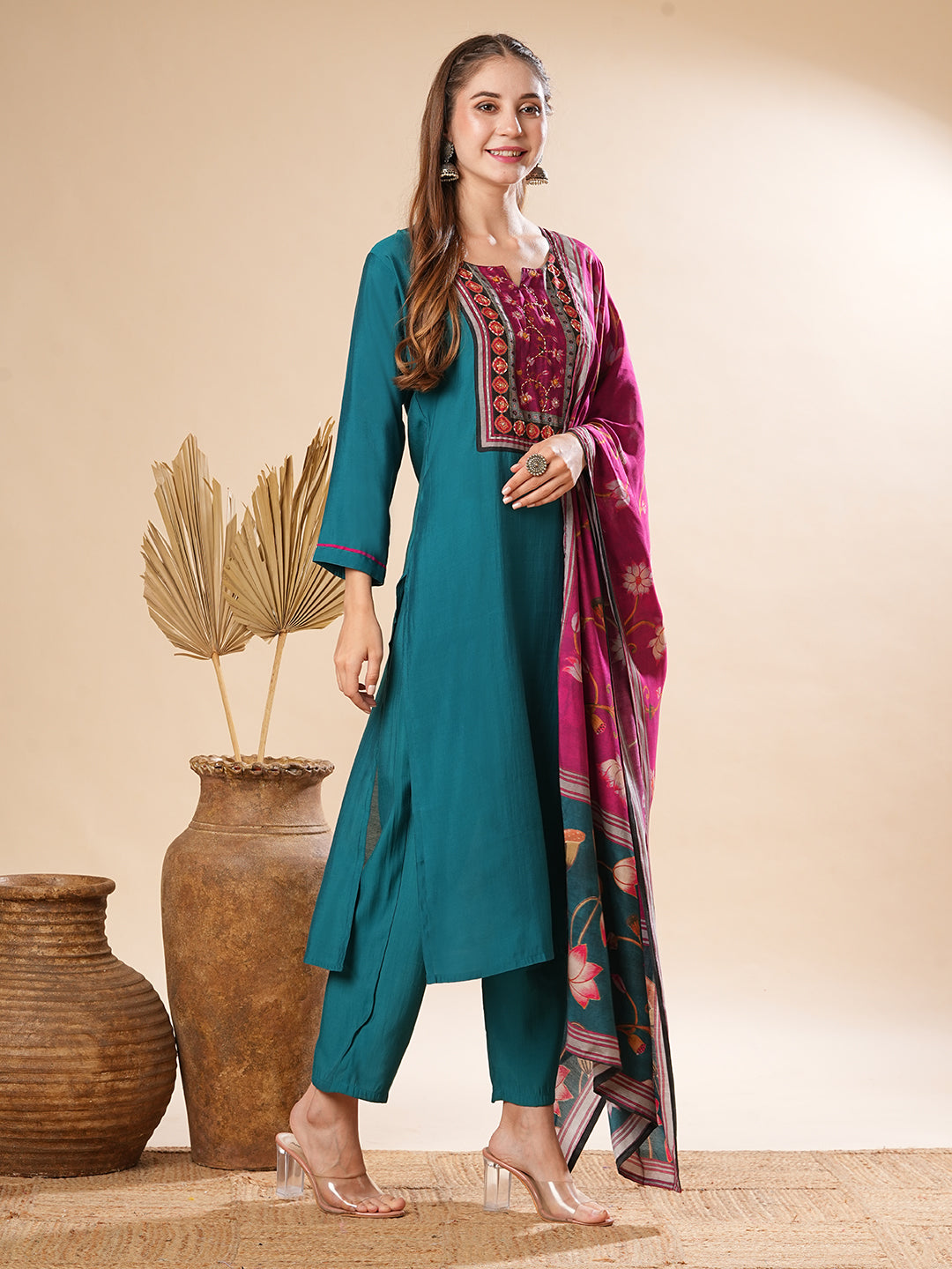 Fashor Solid Mirror Embellished Kurta with Pants & Floral Dupatta - Teal - view 5