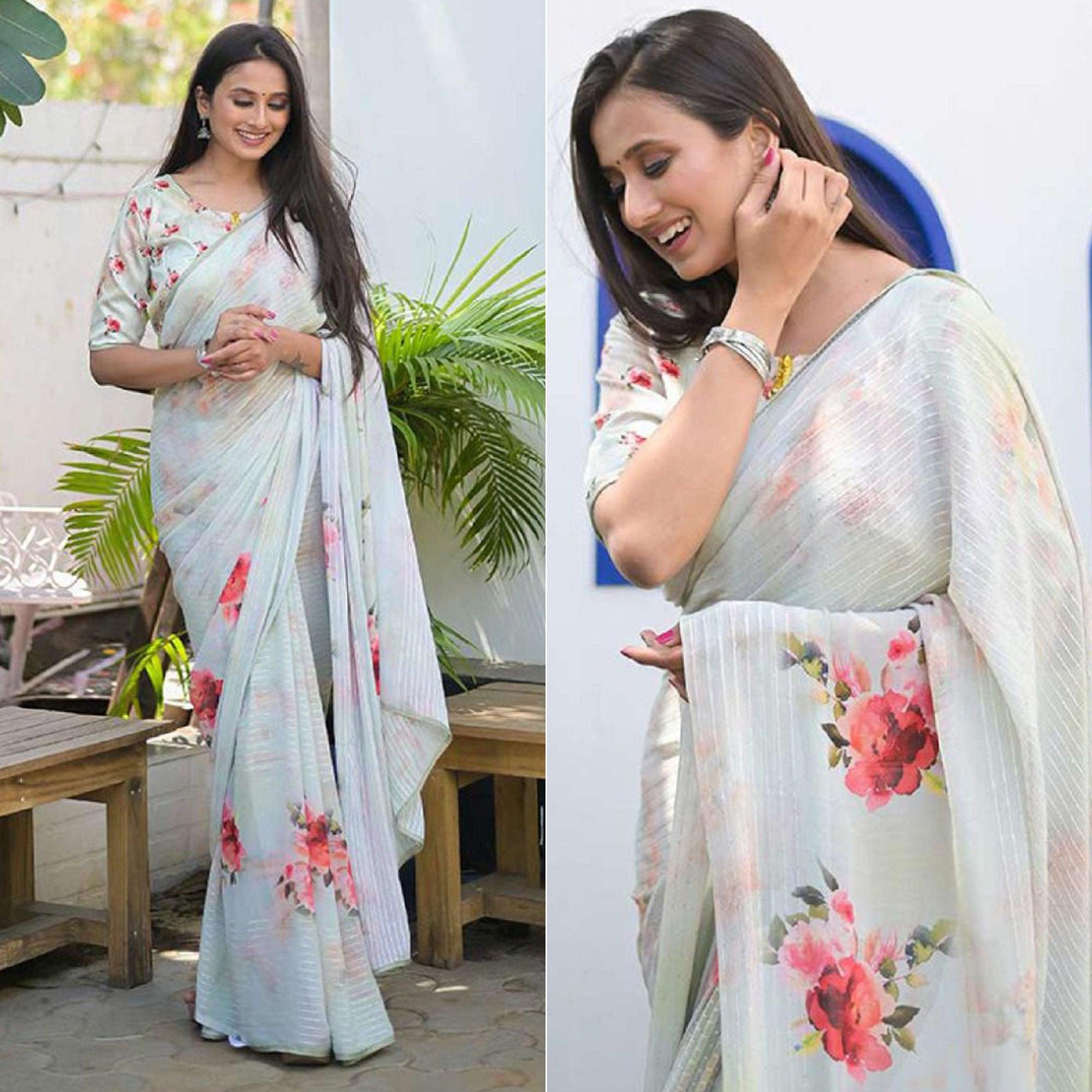 Peachmode Light Blue Party Wear Digital Printed Georgette Saree - view 3