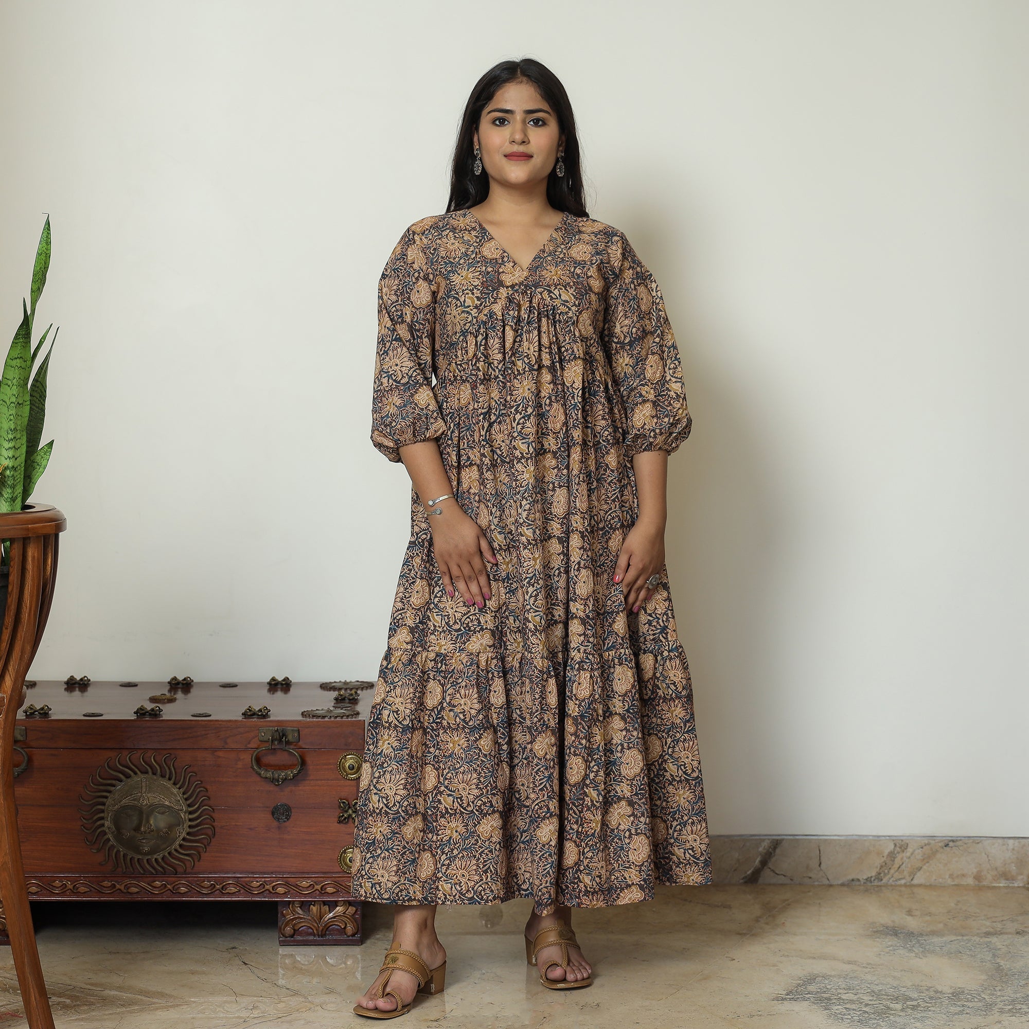 ITOKRI CASUALS Black - Pedana Kalamkari Block Printed Cotton Flared Gher Dress 07 - view 7