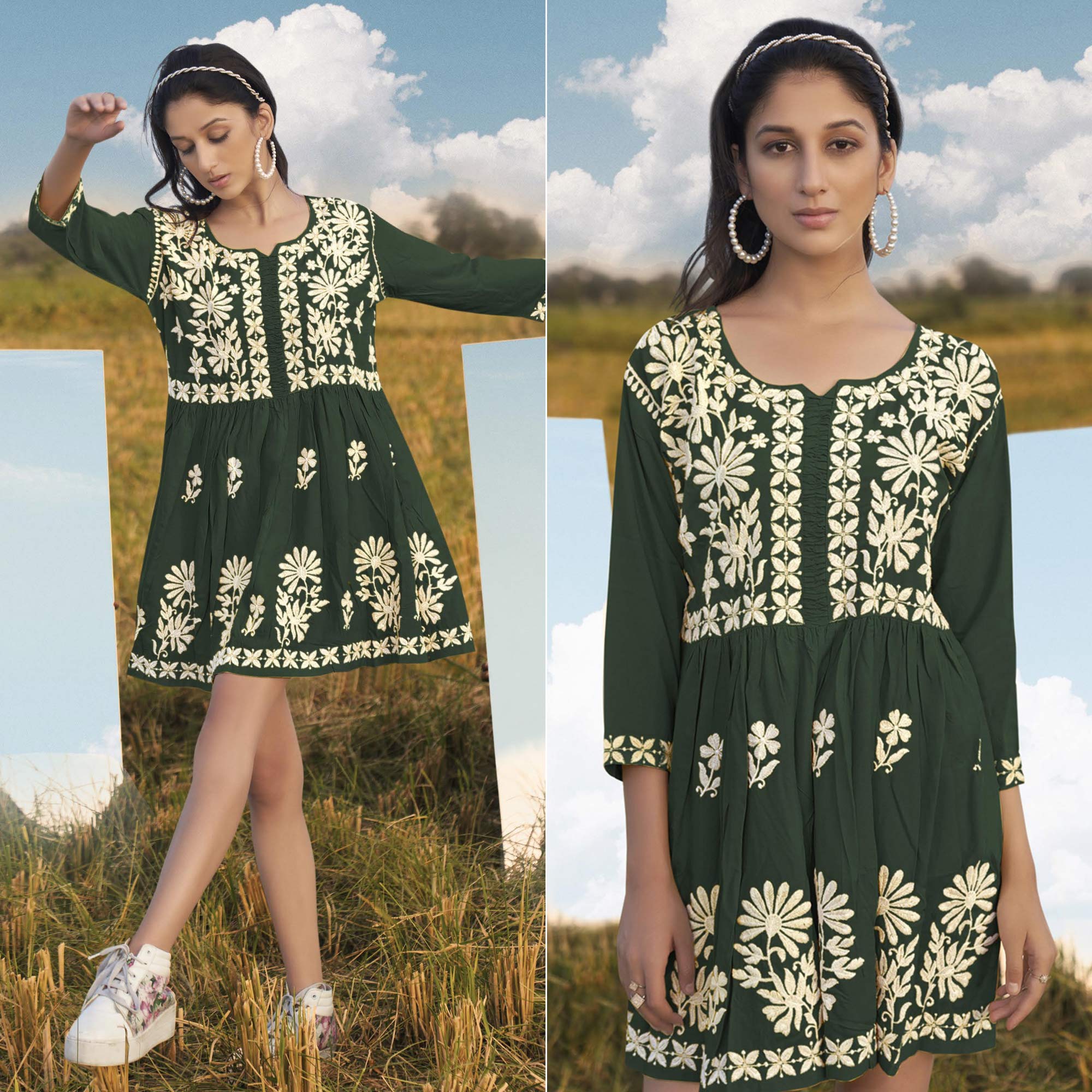 Green tops – BlackTree green-floral-embroidered-rayon-tunic