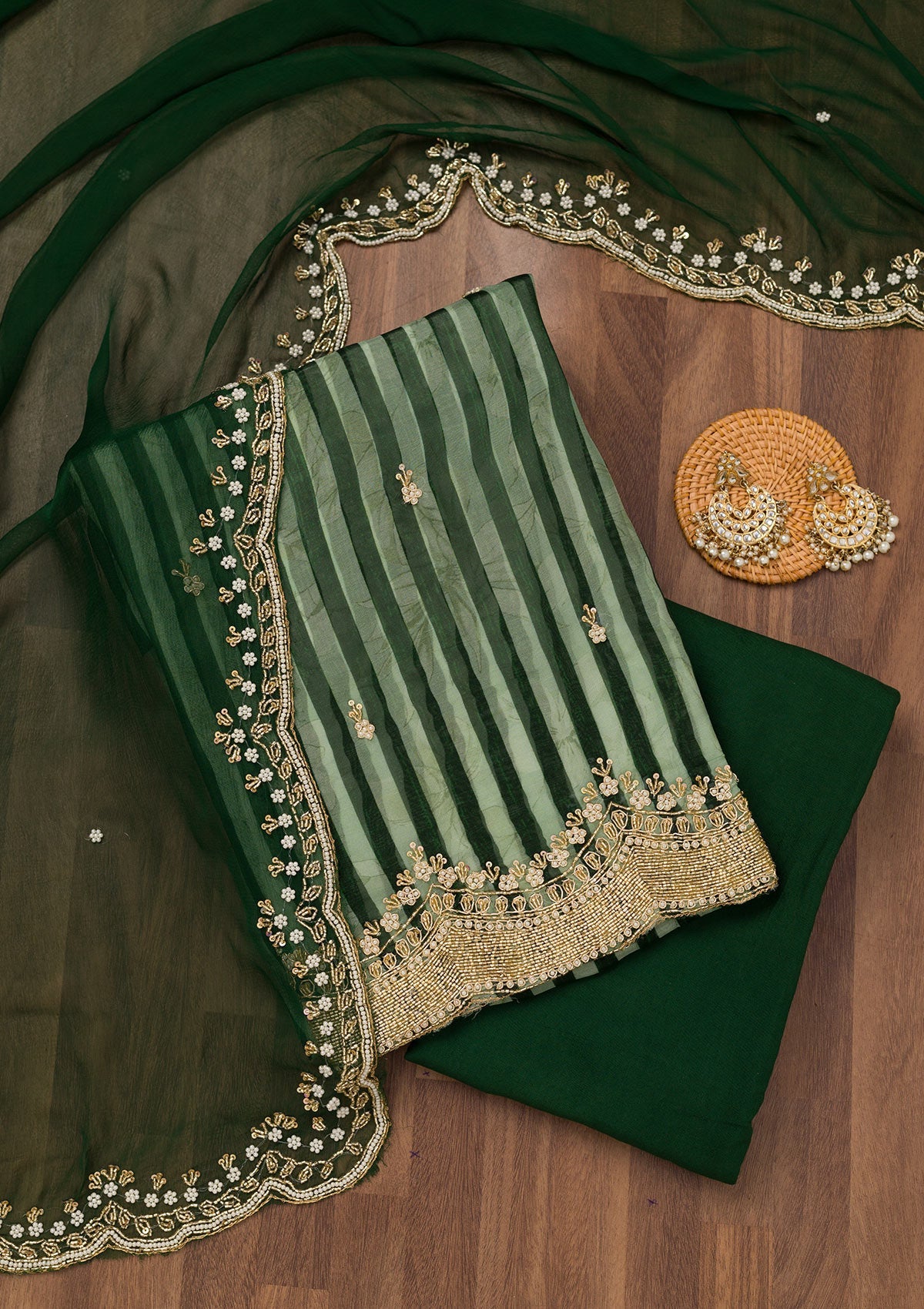 Koskii Bottle Green Cutdana Semi Crepe Unstitched Salwar Suit