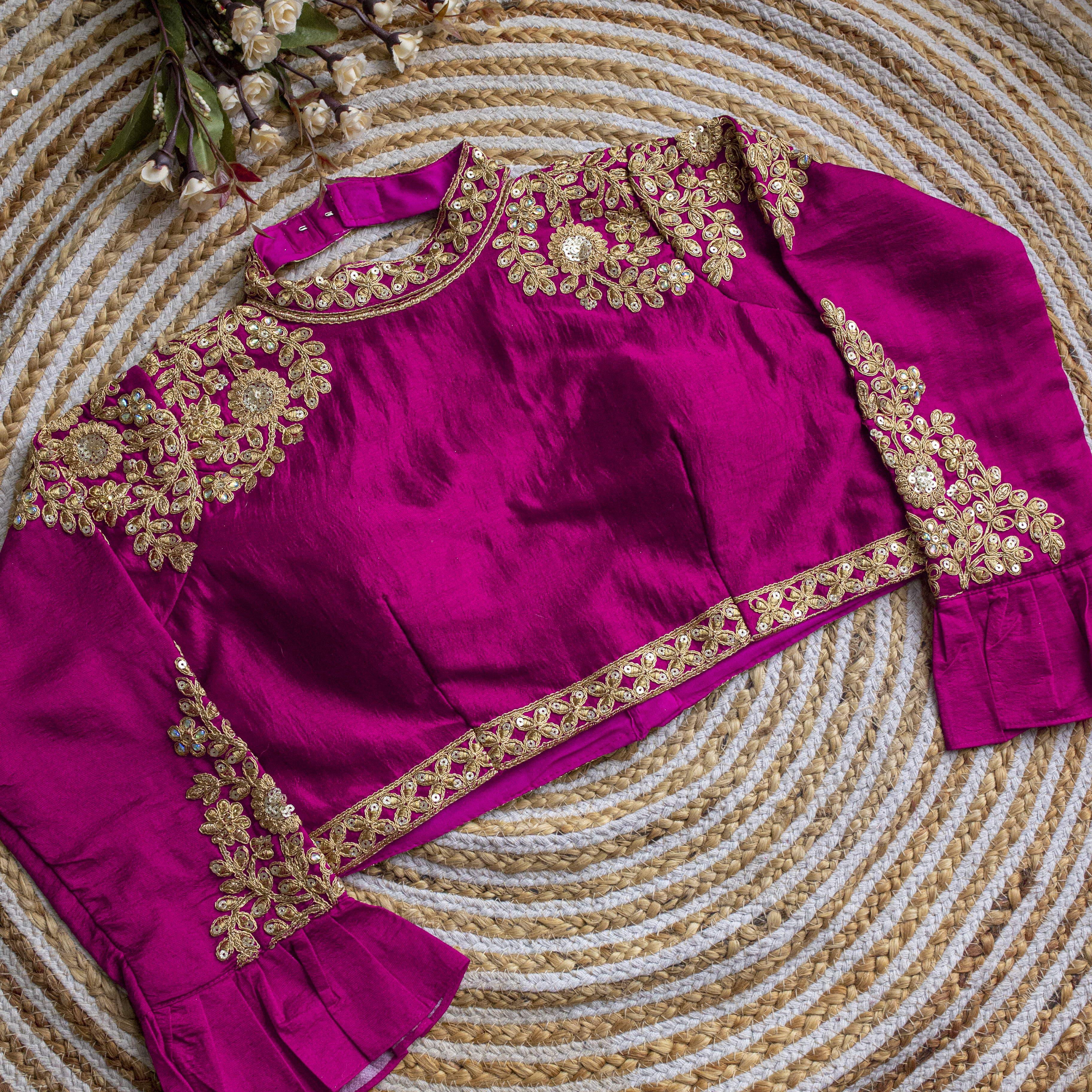 ClothsVilla Meganta Golden Sequence Embroidered Blouse in glossy silk