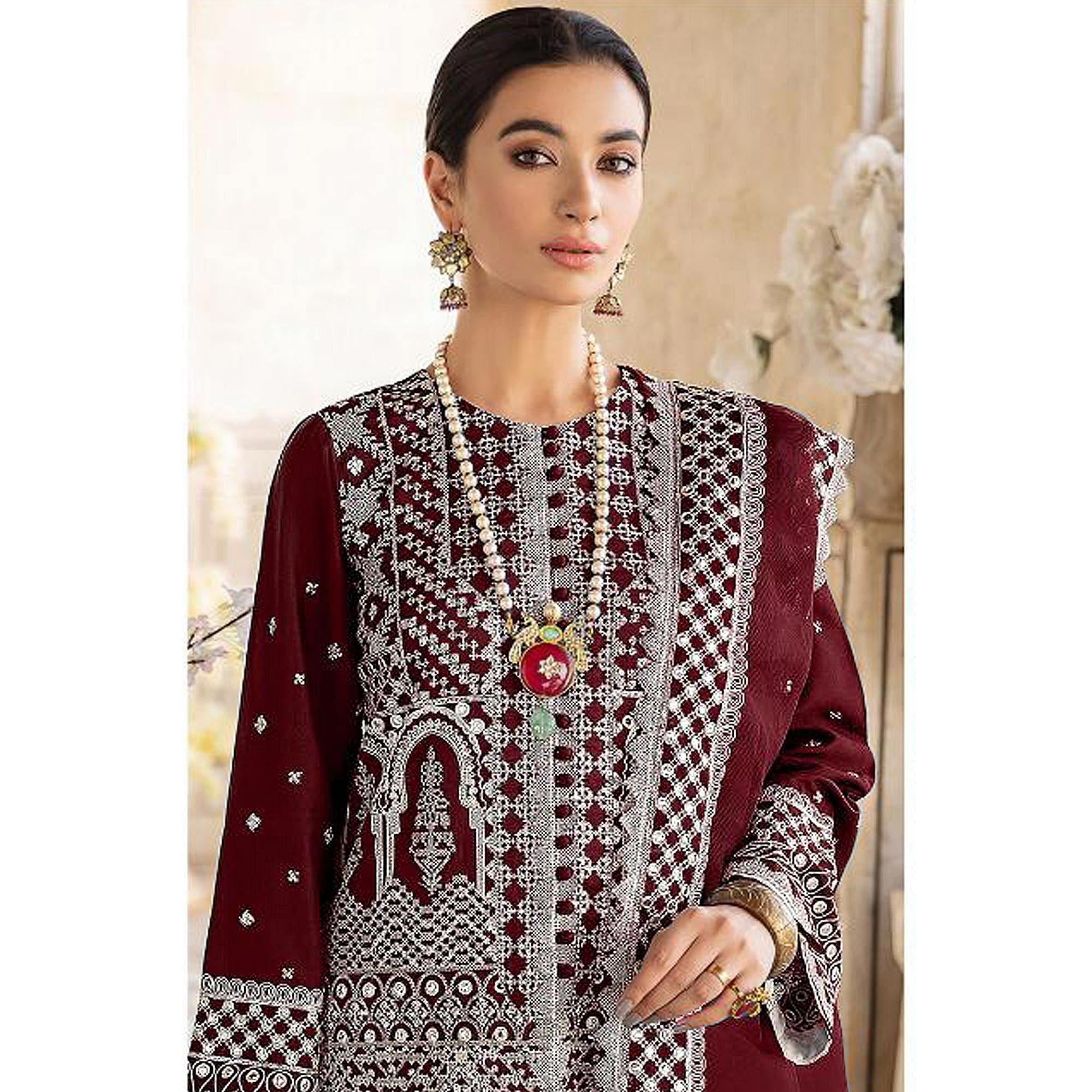 Peachmode Maroon Embroidered Georgette Partywear Pakistani Suit - view 2