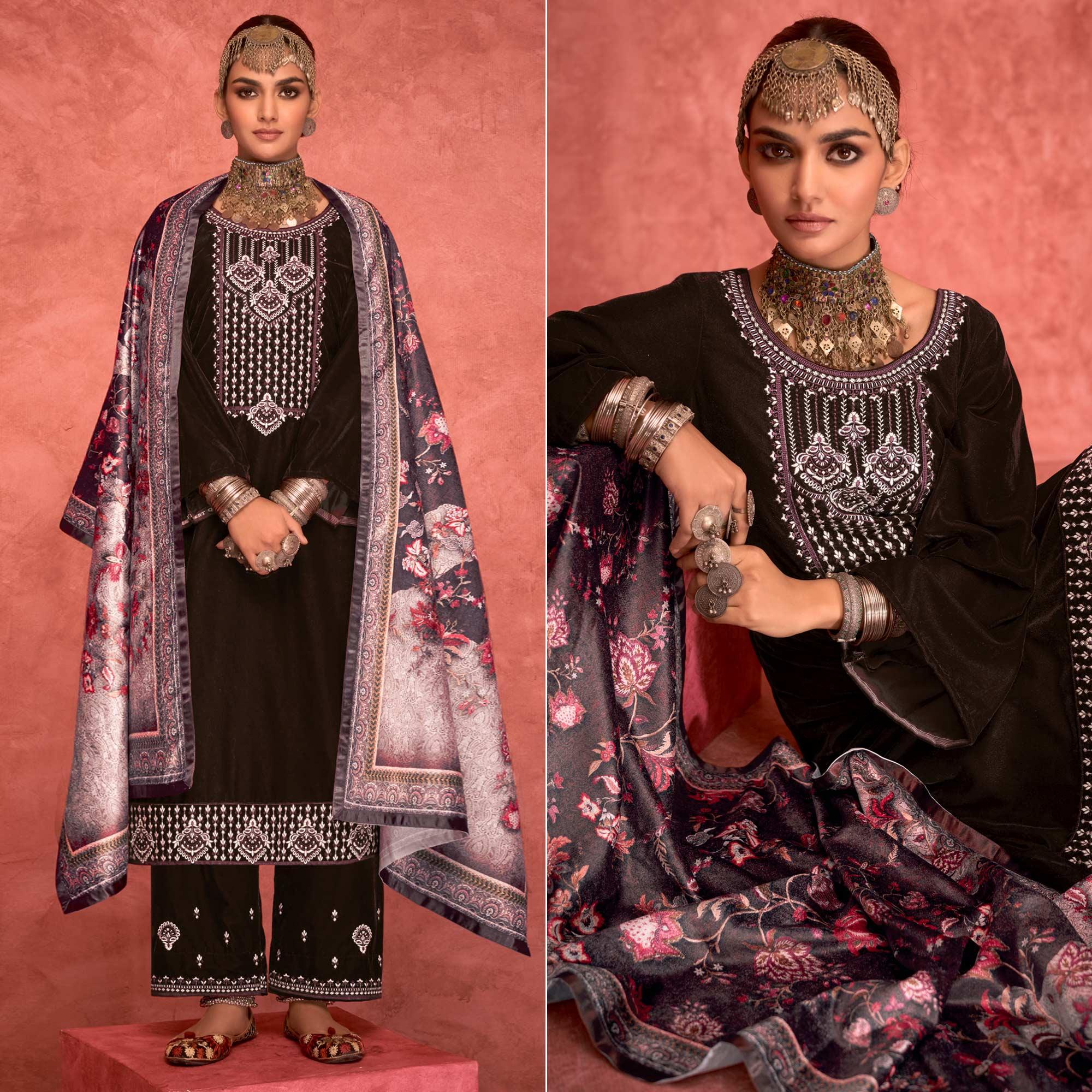Peachmode Brown Embroidered Velvet Pakistani Suit