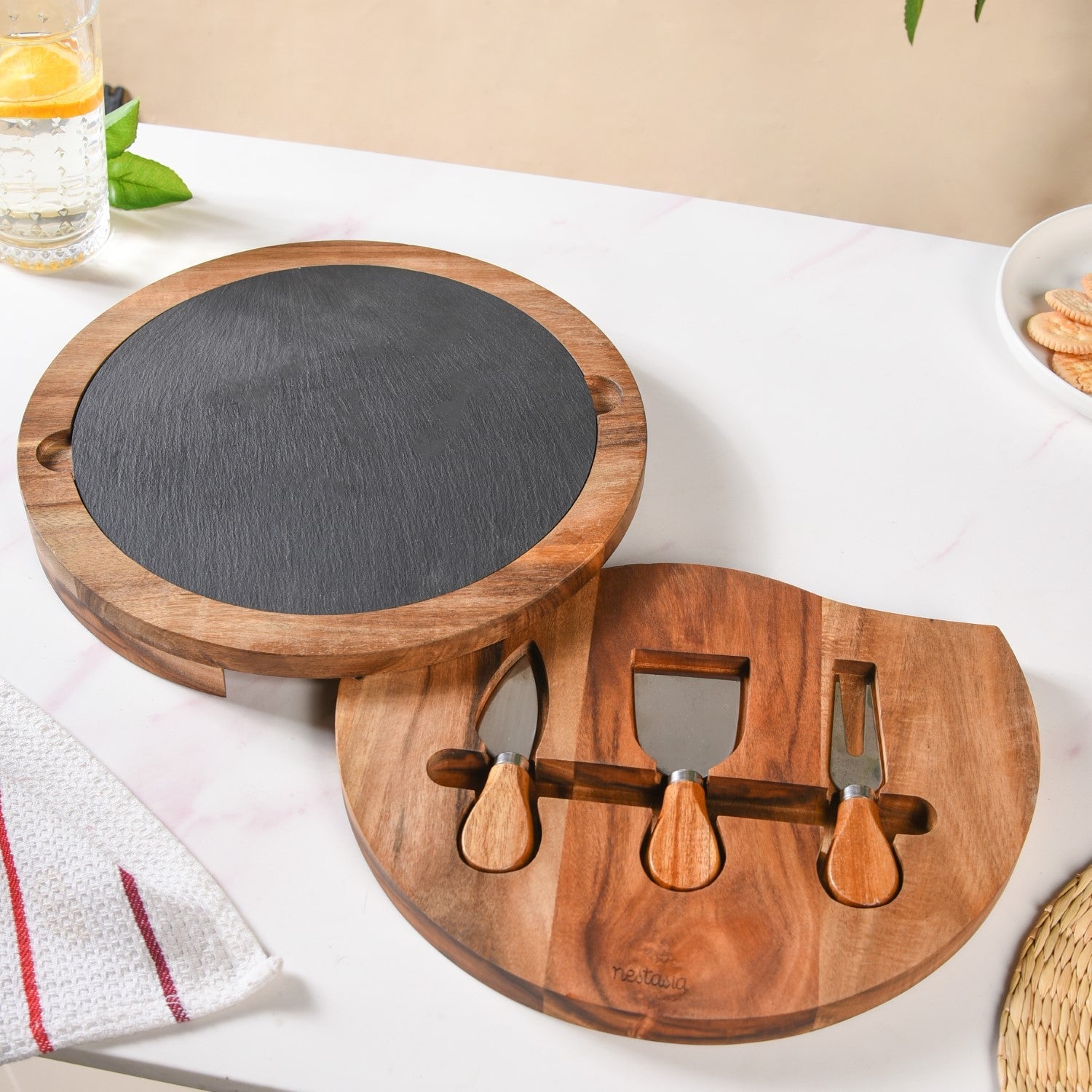 Nestasia Round Wooden Charcuterie Board With Cheese Knives - view 4